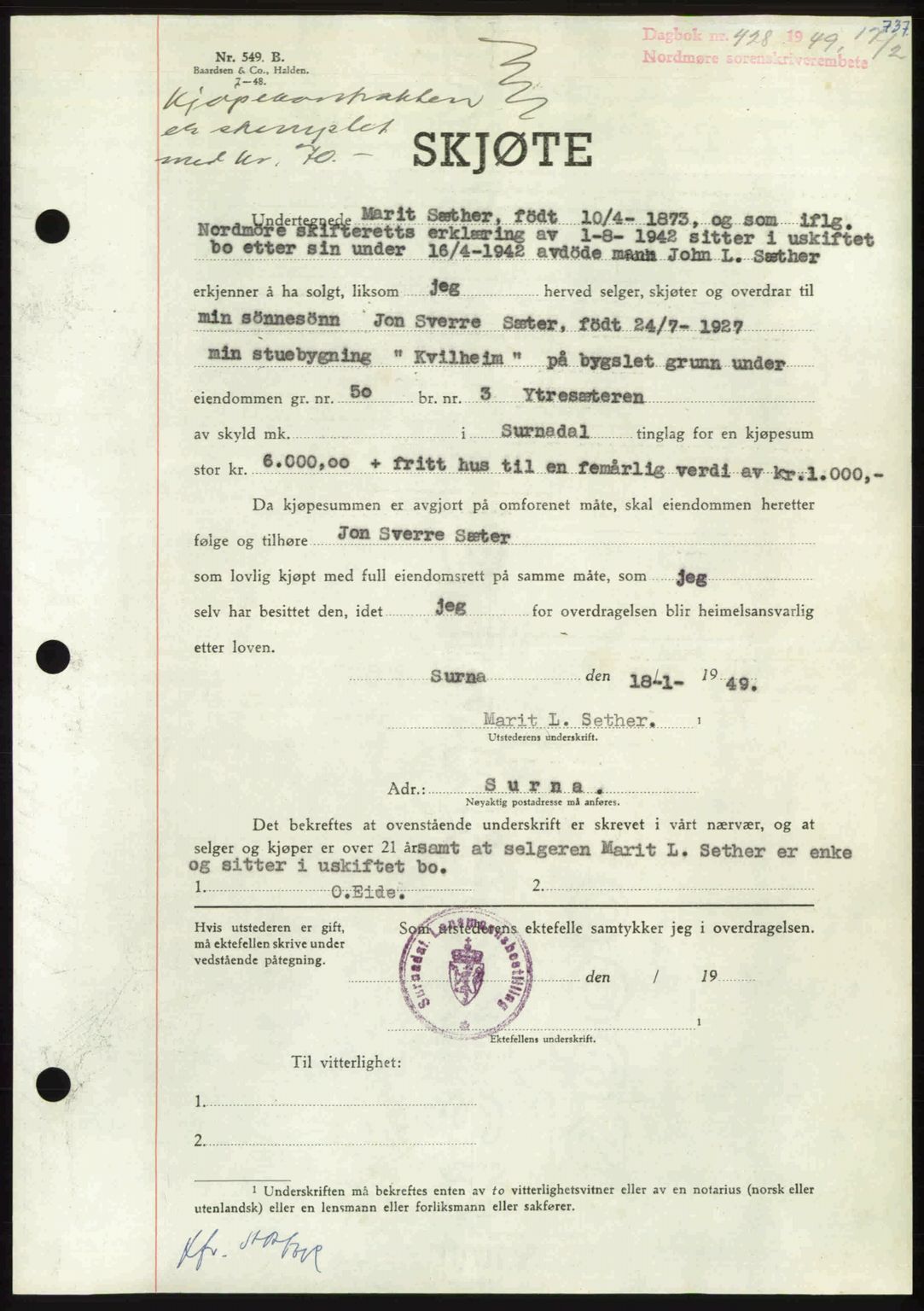 Nordmøre sorenskriveri, AV/SAT-A-4132/1/2/2Ca: Mortgage book no. A110, 1948-1949, Diary no: : 428/1949