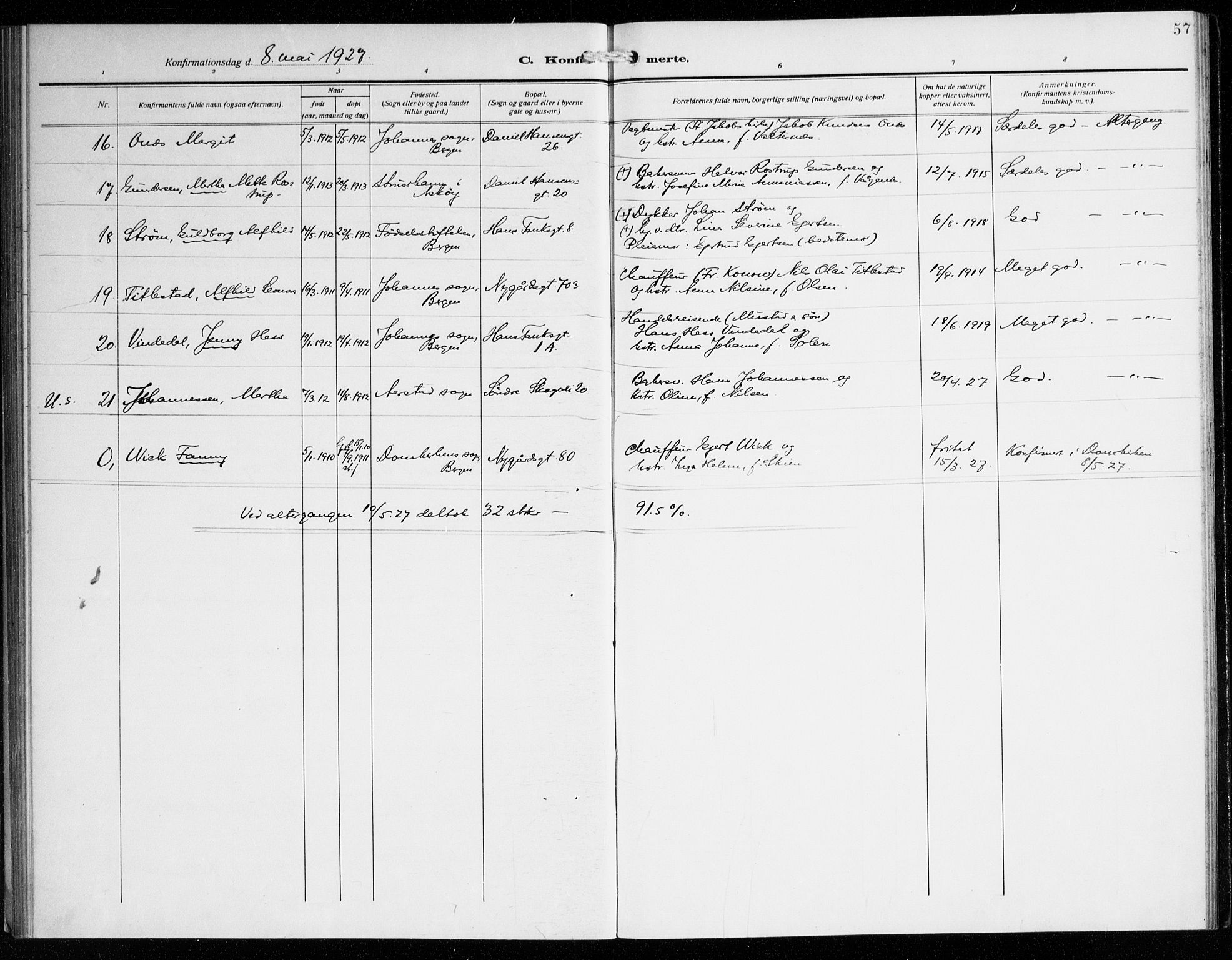 St. Jacob sokneprestembete, AV/SAB-A-78001/H/Haa/L0003: Parish register (official) no. B 1, 1917-1942, p. 57