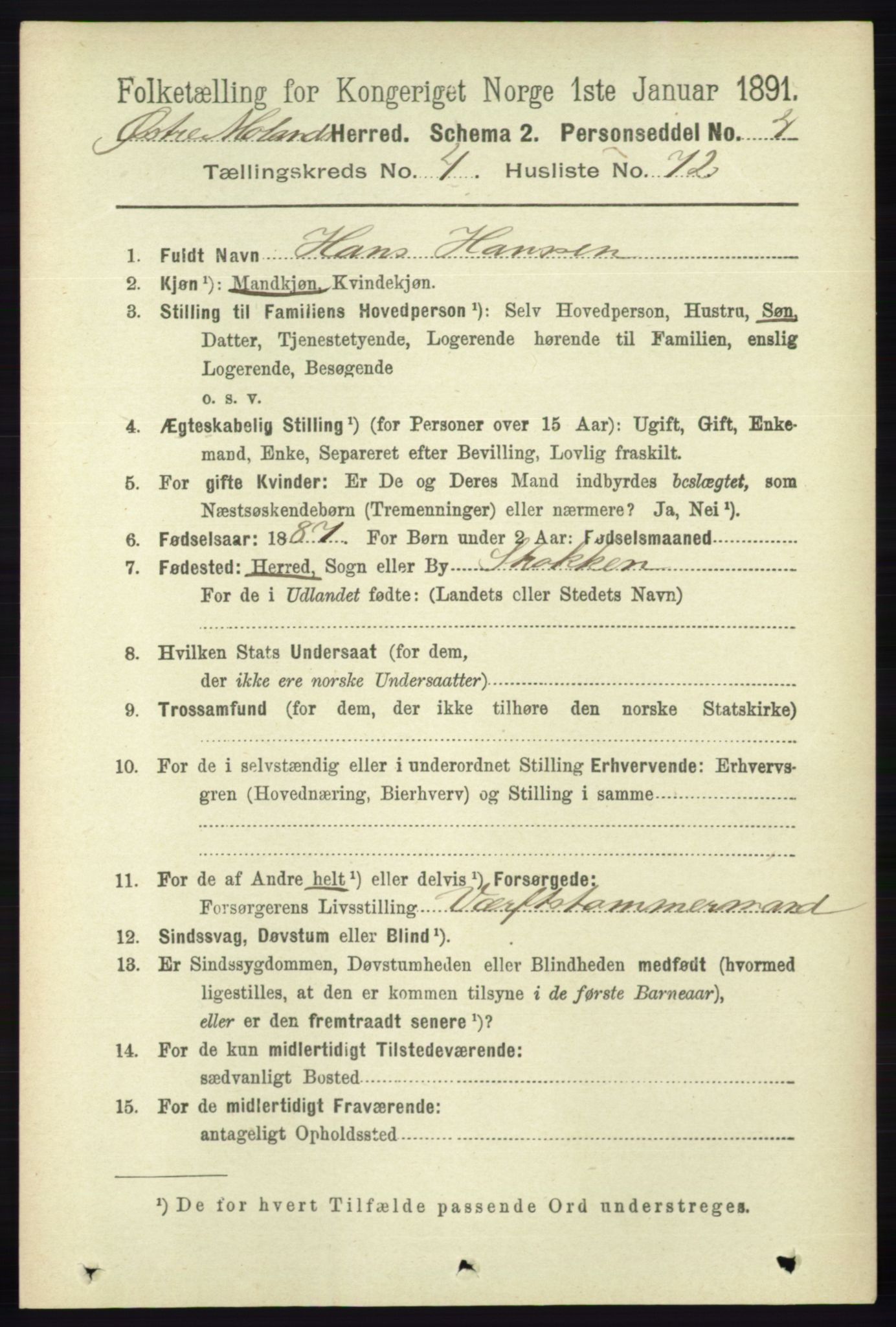 RA, 1891 census for 0918 Austre Moland, 1891, p. 2441