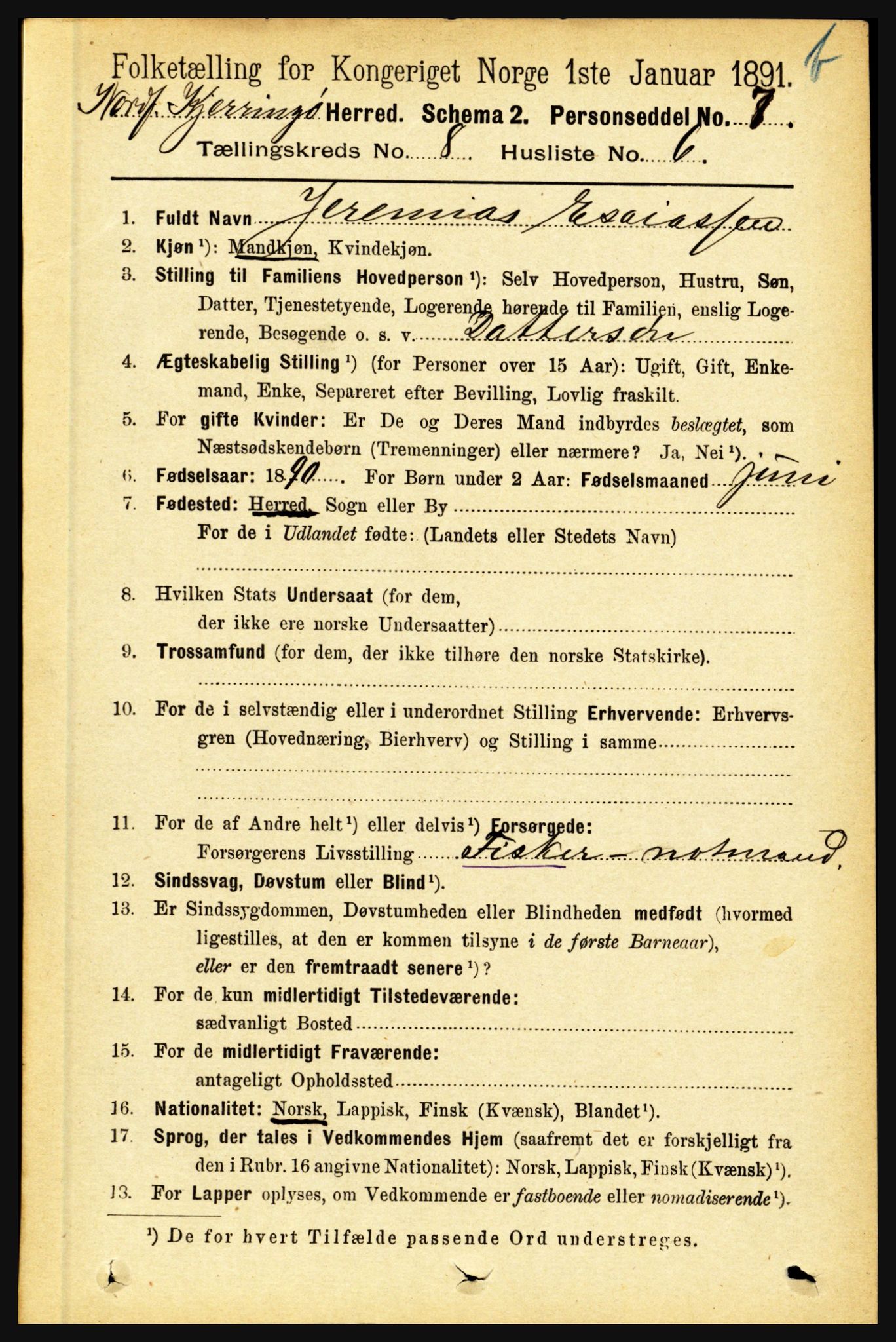 RA, 1891 census for 1846 Nordfold-Kjerringøy, 1891, p. 2012