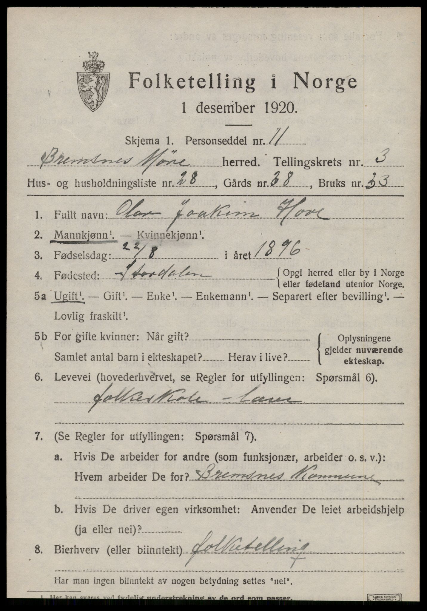 SAT, 1920 census for Bremsnes, 1920, p. 3761