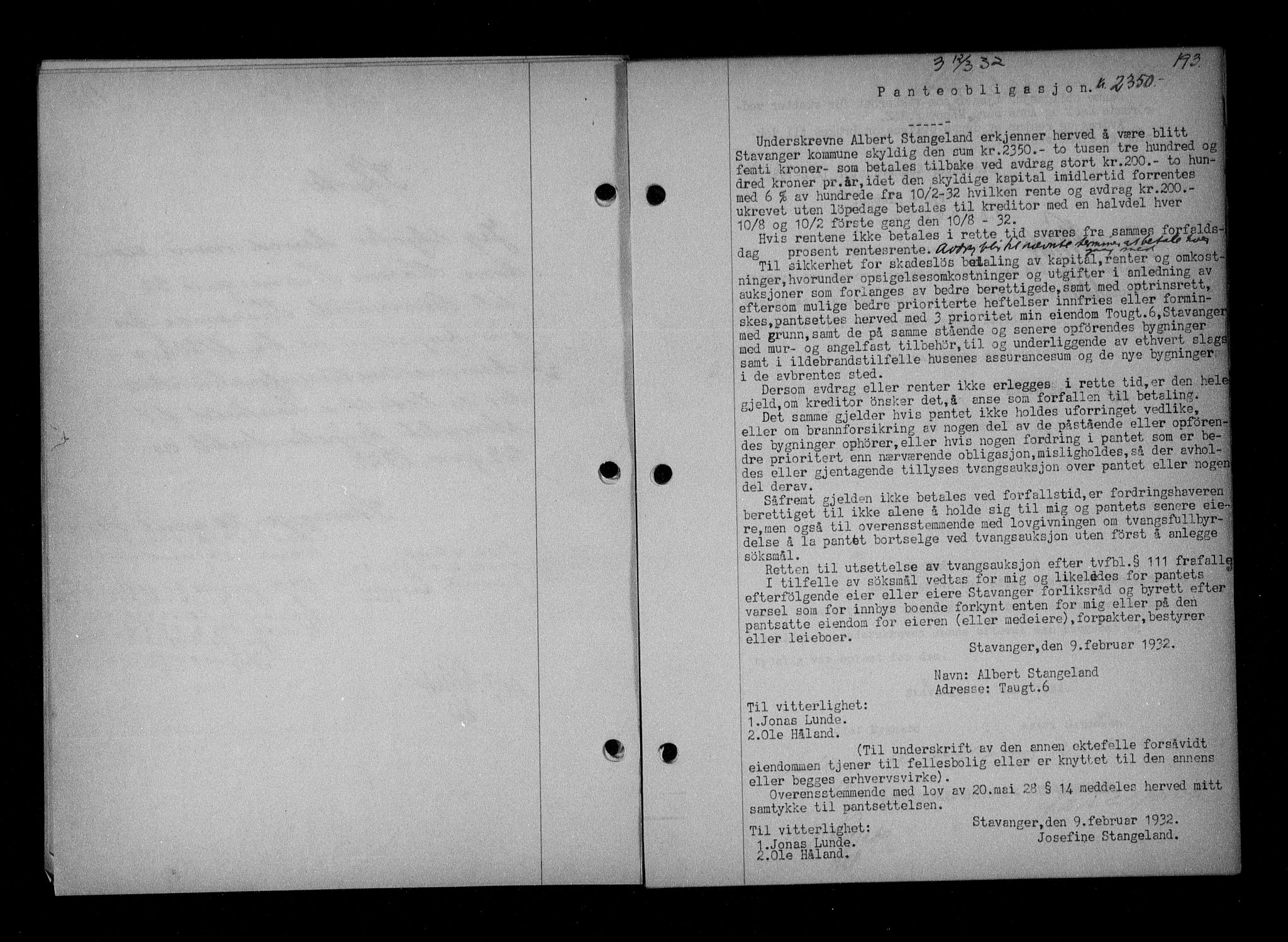 Stavanger byfogd, SAST/A-101408/001/4/41/410/410BB/L0061: Mortgage book no. 51, 1932-1932, Deed date: 12.03.1932