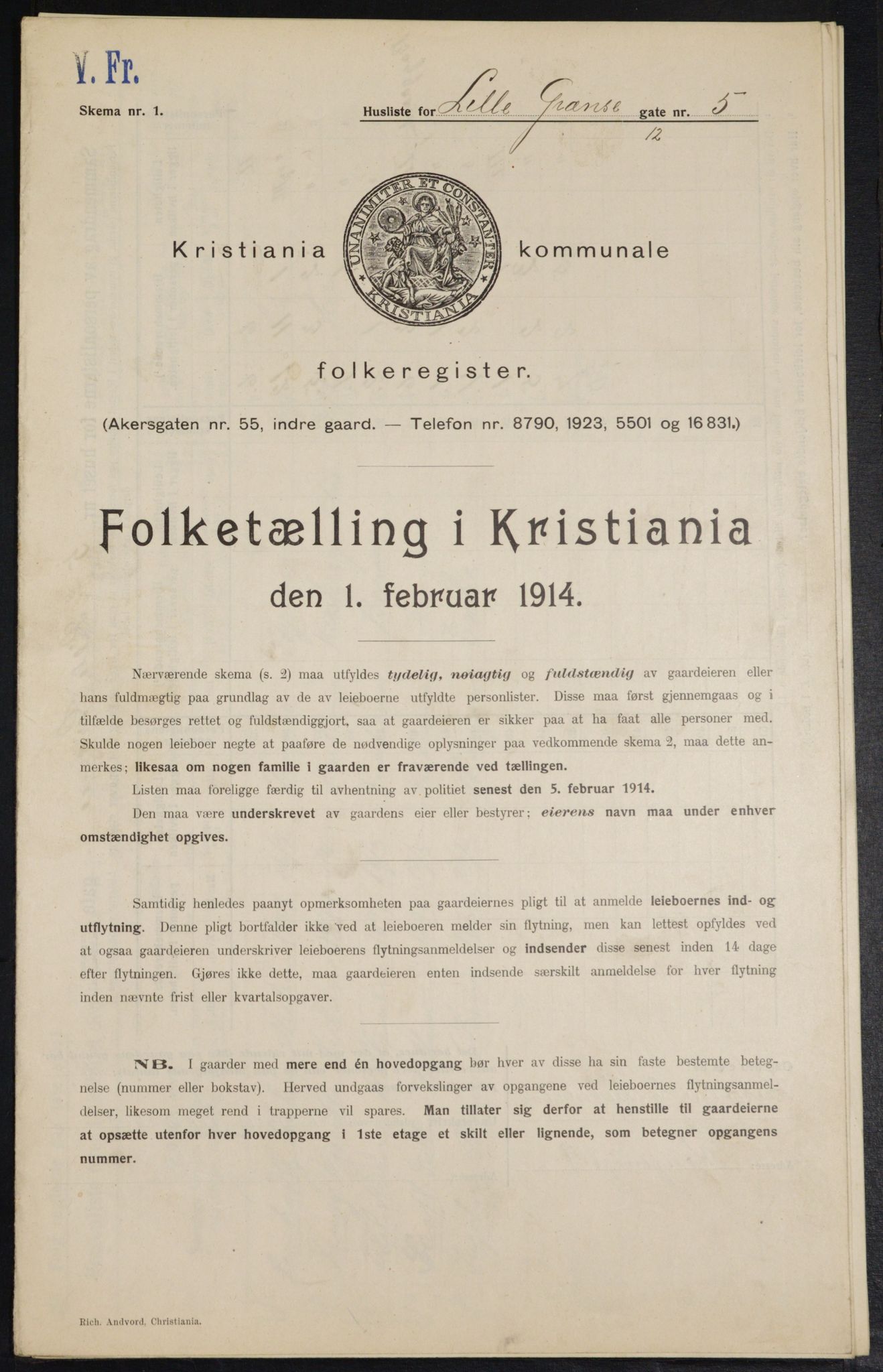 OBA, Municipal Census 1914 for Kristiania, 1914, p. 57455