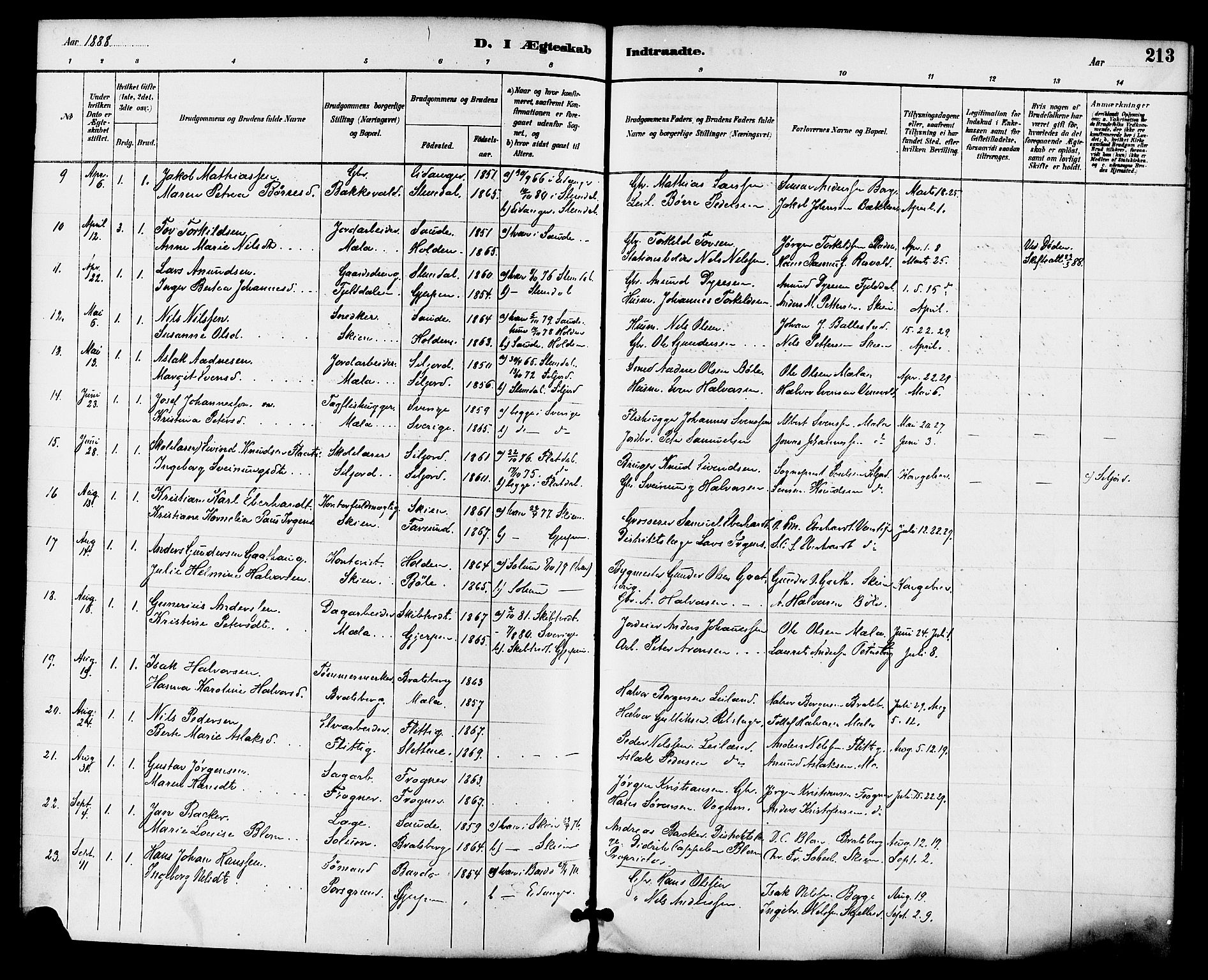 Gjerpen kirkebøker, SAKO/A-265/F/Fa/L0010: Parish register (official) no. I 10, 1886-1895, p. 213
