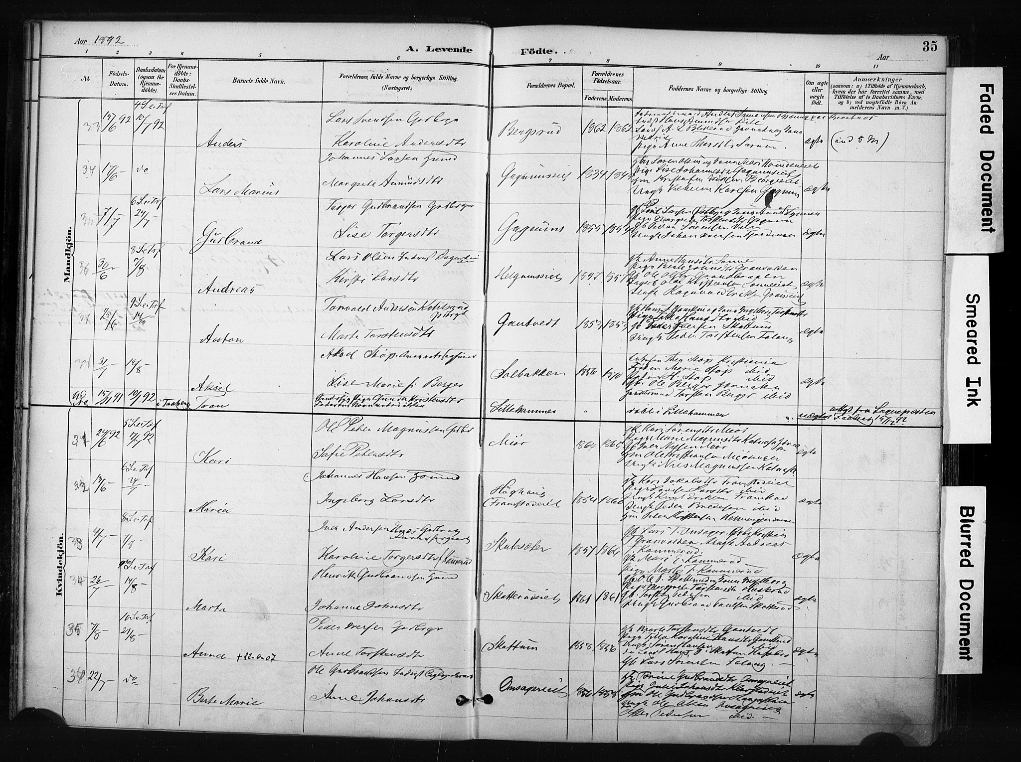 Gran prestekontor, SAH/PREST-112/H/Ha/Haa/L0017: Parish register (official) no. 17, 1889-1897, p. 35