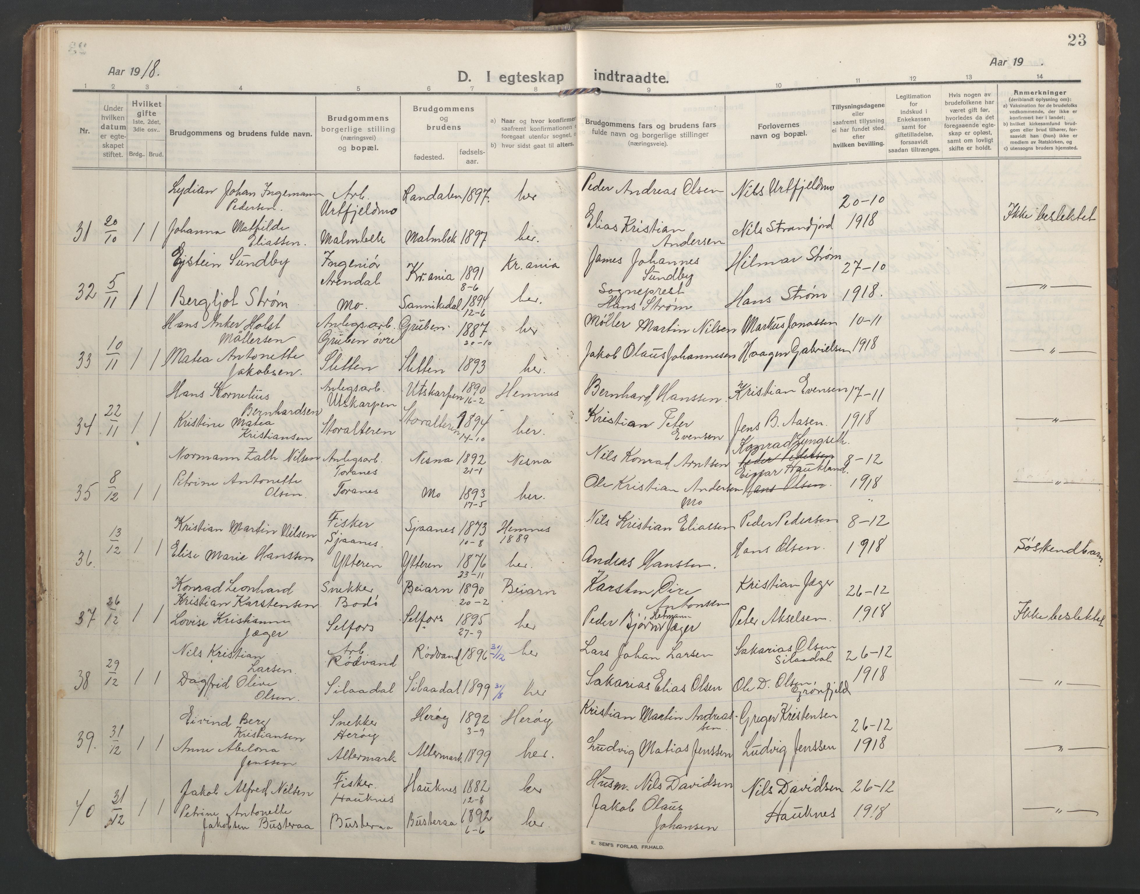 Ministerialprotokoller, klokkerbøker og fødselsregistre - Nordland, SAT/A-1459/827/L0405: Parish register (official) no. 827A17, 1912-1925, p. 23