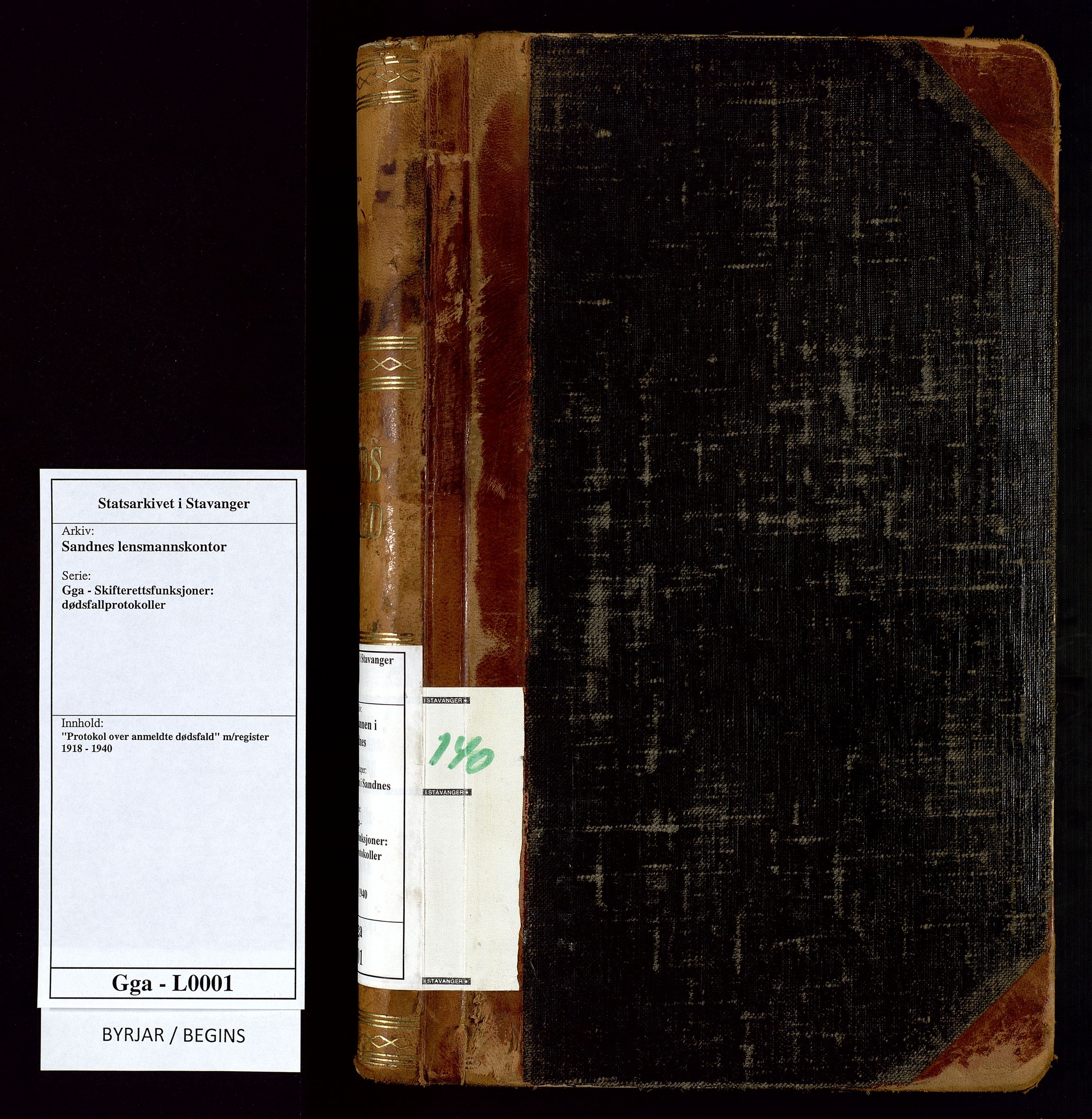 Sandnes lensmannskontor, SAST/A-100167/Gga/L0001: "Protokol over anmeldte dødsfald" m/register, 1918-1940