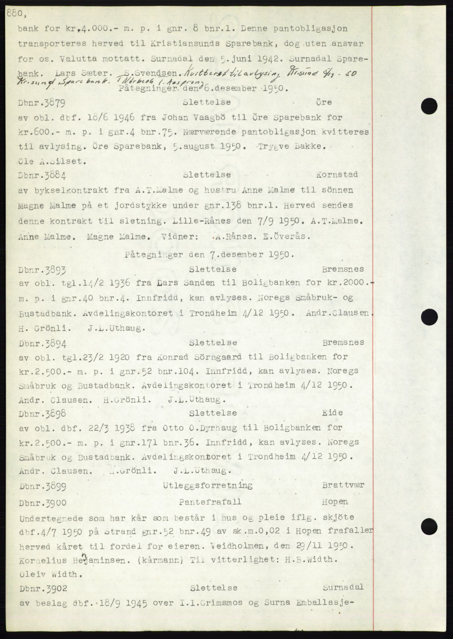 Nordmøre sorenskriveri, AV/SAT-A-4132/1/2/2Ca: Mortgage book no. C82b, 1946-1951, Diary no: : 3879/1950