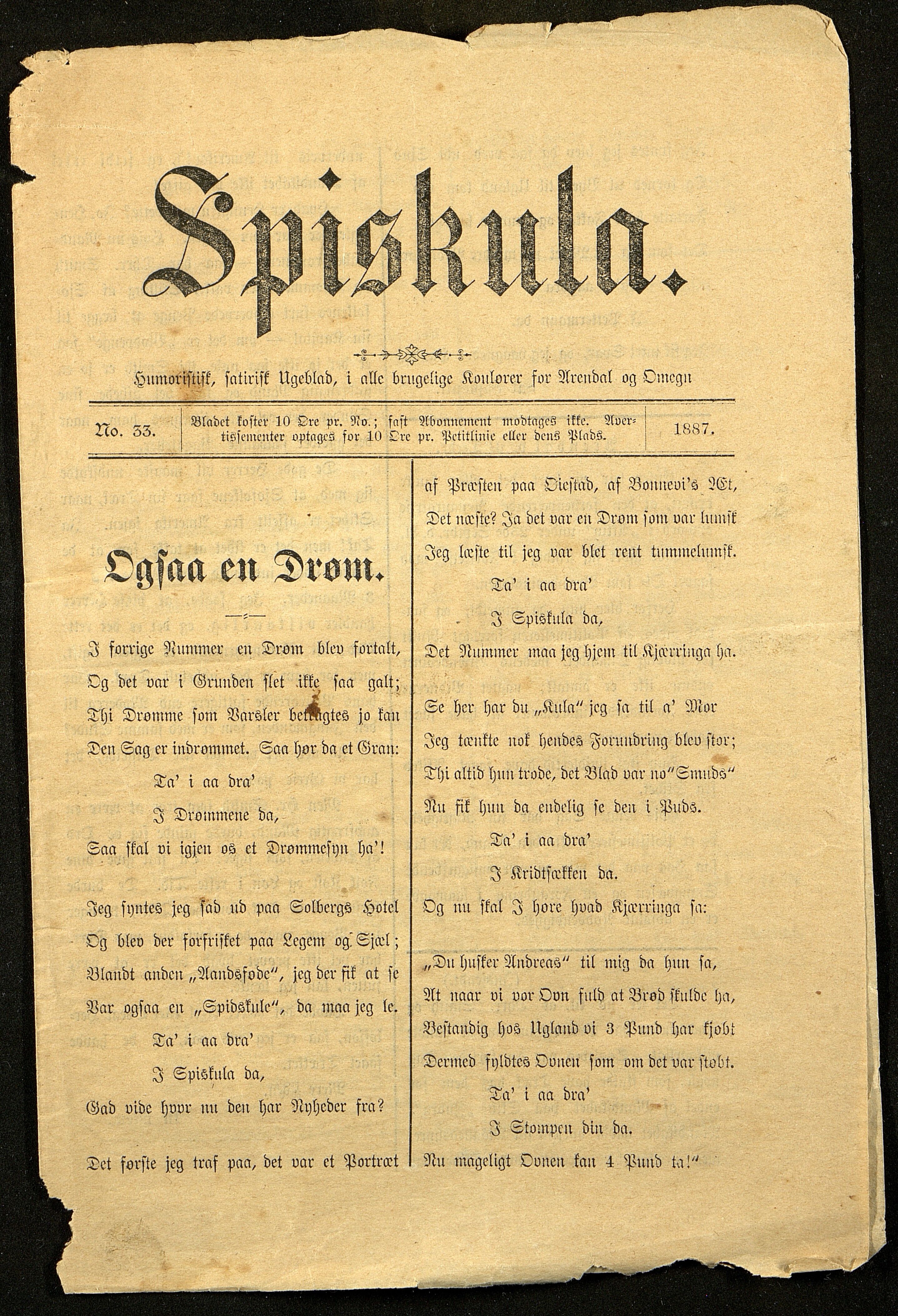 Spidskuglen, AAKS/PA-2823/X/L0001/0001: Spidskuglen / Årg. 1887, nr. 1–2, 4–23, 25–36, 1887