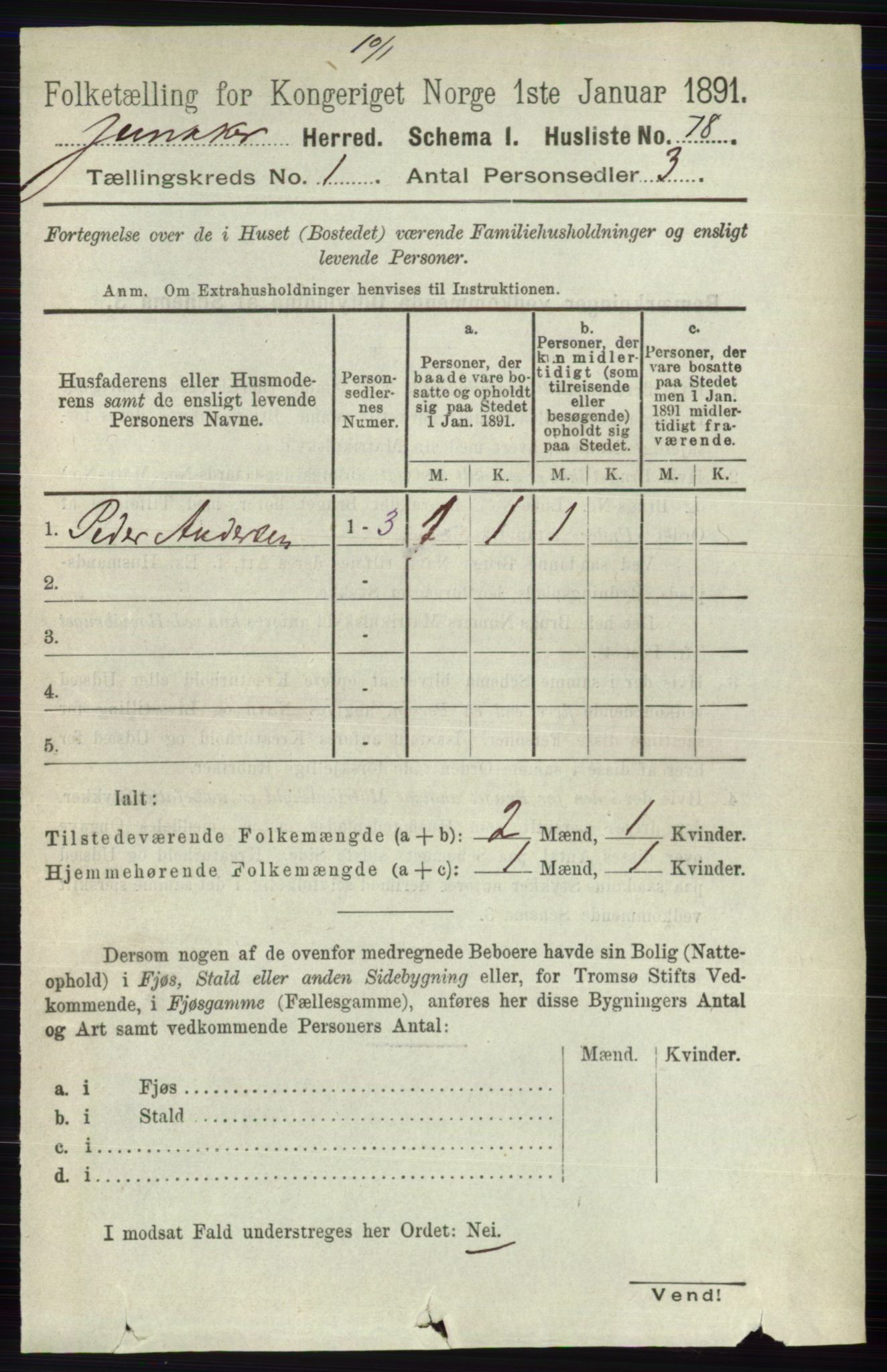 RA, 1891 census for 0532 Jevnaker, 1891, p. 111