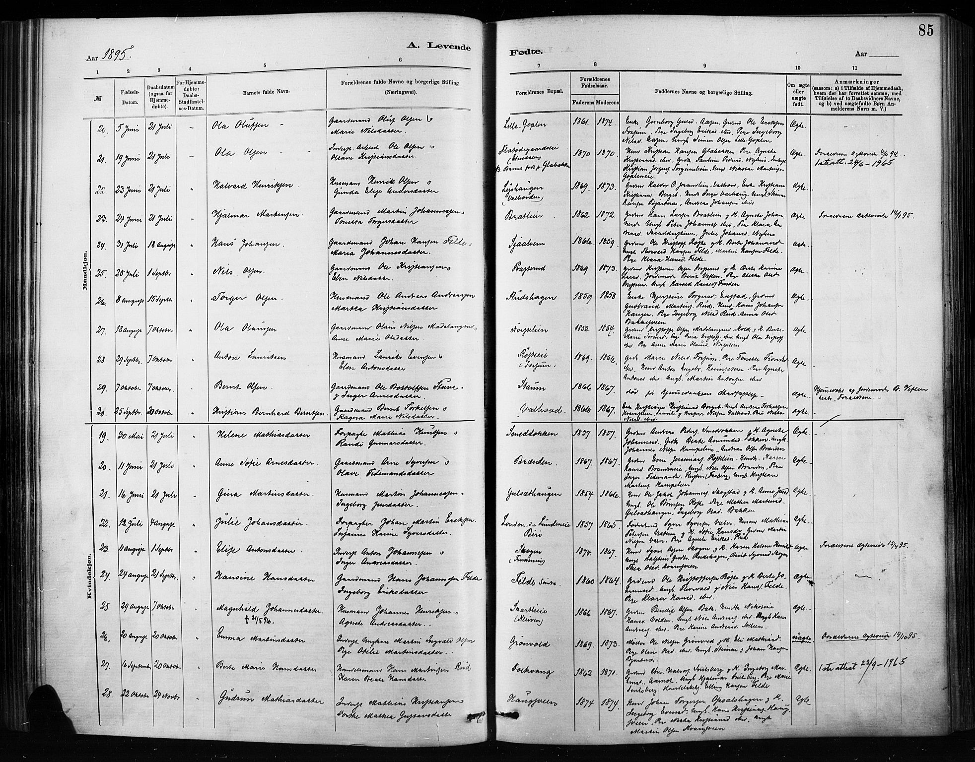 Nordre Land prestekontor, SAH/PREST-124/H/Ha/Haa/L0004: Parish register (official) no. 4, 1882-1896, p. 85