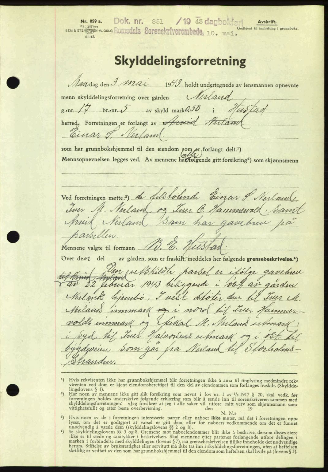 Romsdal sorenskriveri, AV/SAT-A-4149/1/2/2C: Mortgage book no. A14, 1943-1943, Diary no: : 851/1943