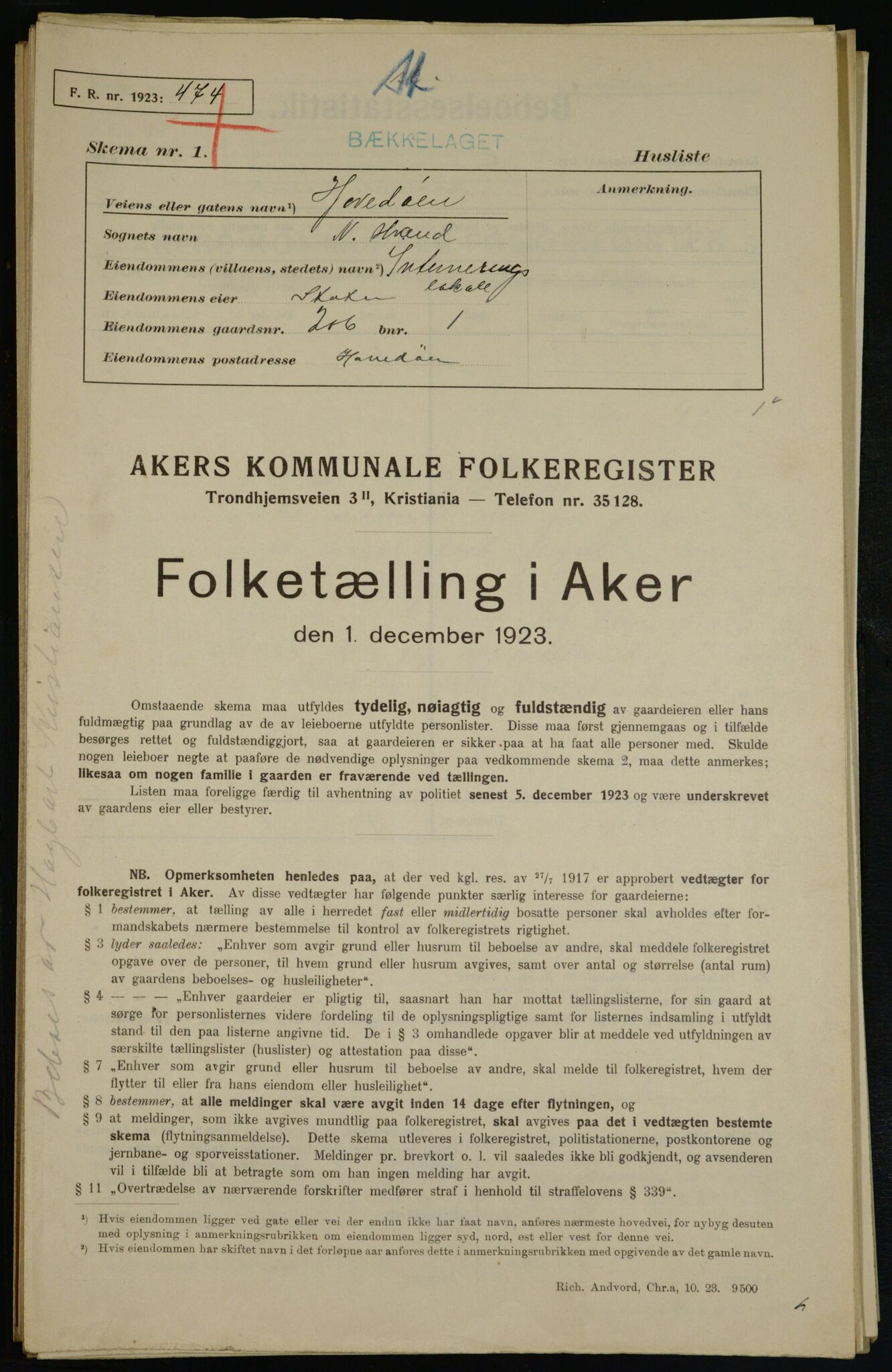 , Municipal Census 1923 for Aker, 1923, p. 39543