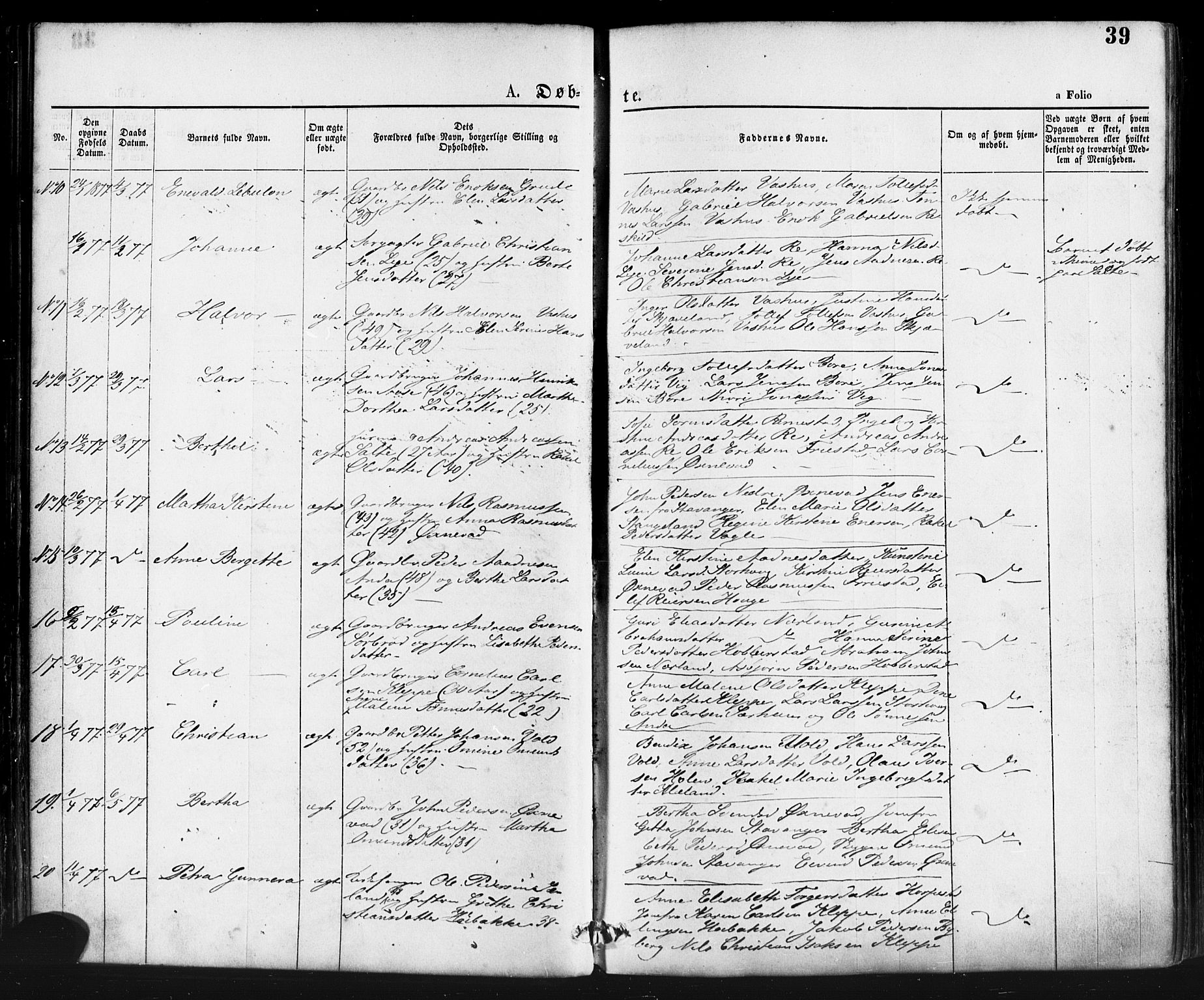 Klepp sokneprestkontor, AV/SAST-A-101803/001/3/30BA/L0006: Parish register (official) no. A 6, 1871-1885, p. 39