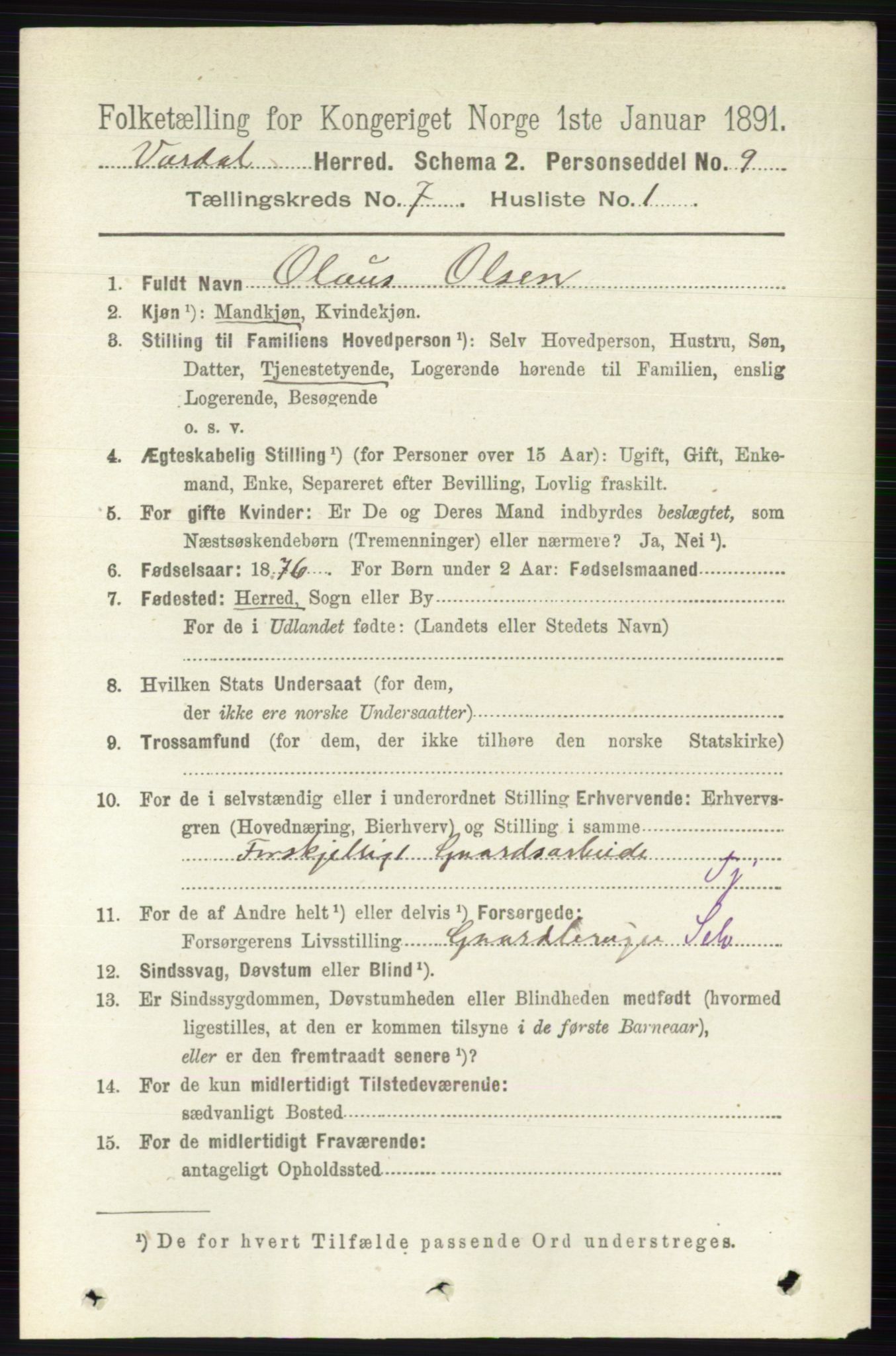 RA, 1891 census for 0527 Vardal, 1891, p. 2974