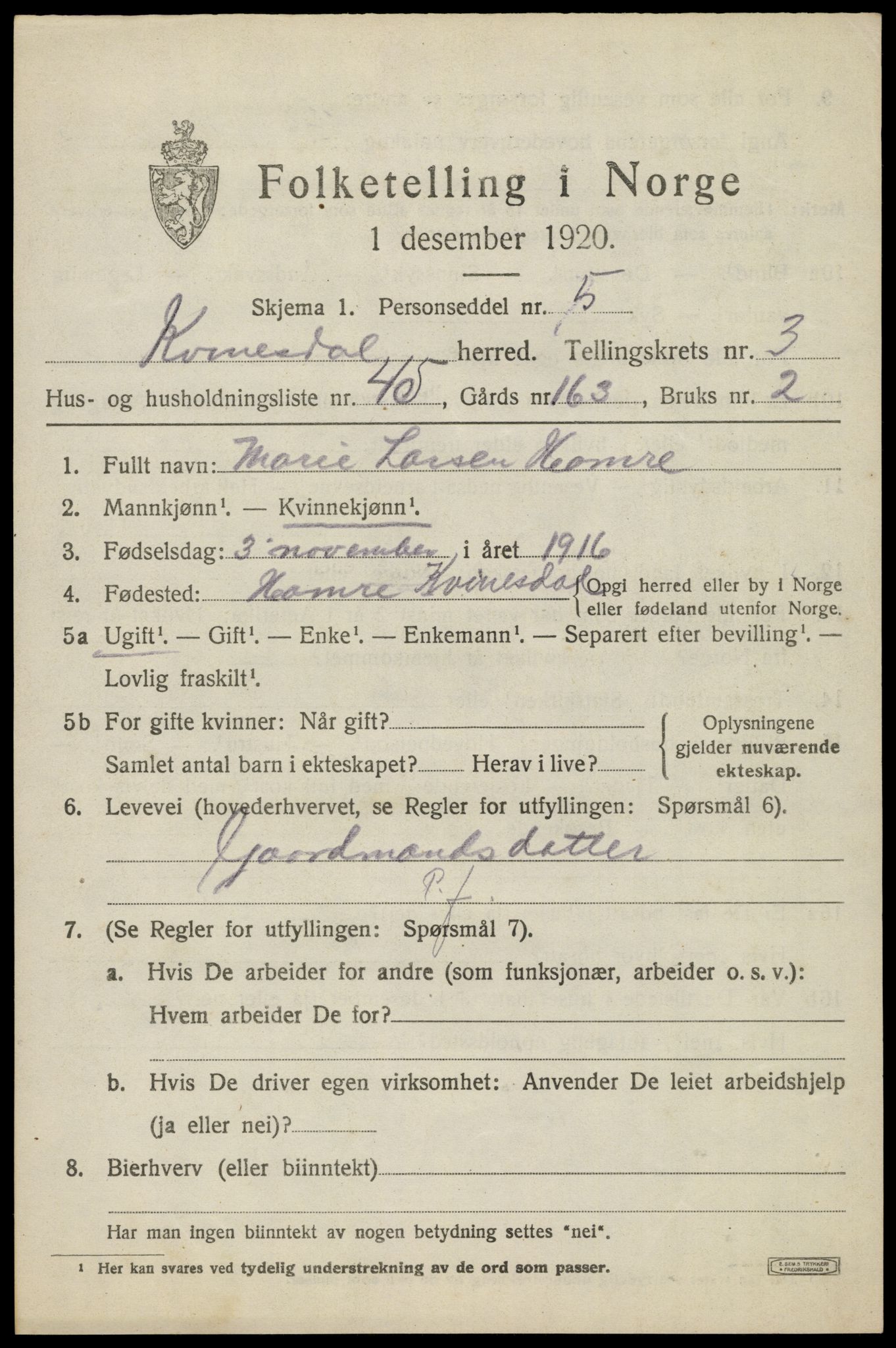 SAK, 1920 census for Kvinesdal, 1920, p. 3531