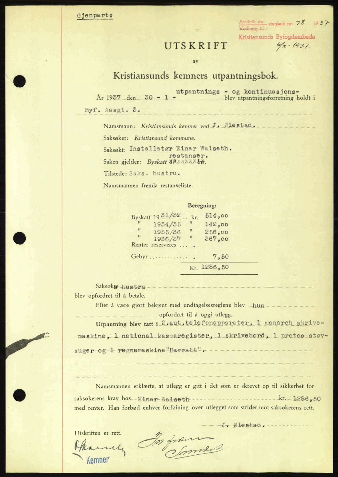 Kristiansund byfogd, AV/SAT-A-4587/A/27: Mortgage book no. 29, 1936-1937, Diary no: : 78/1937