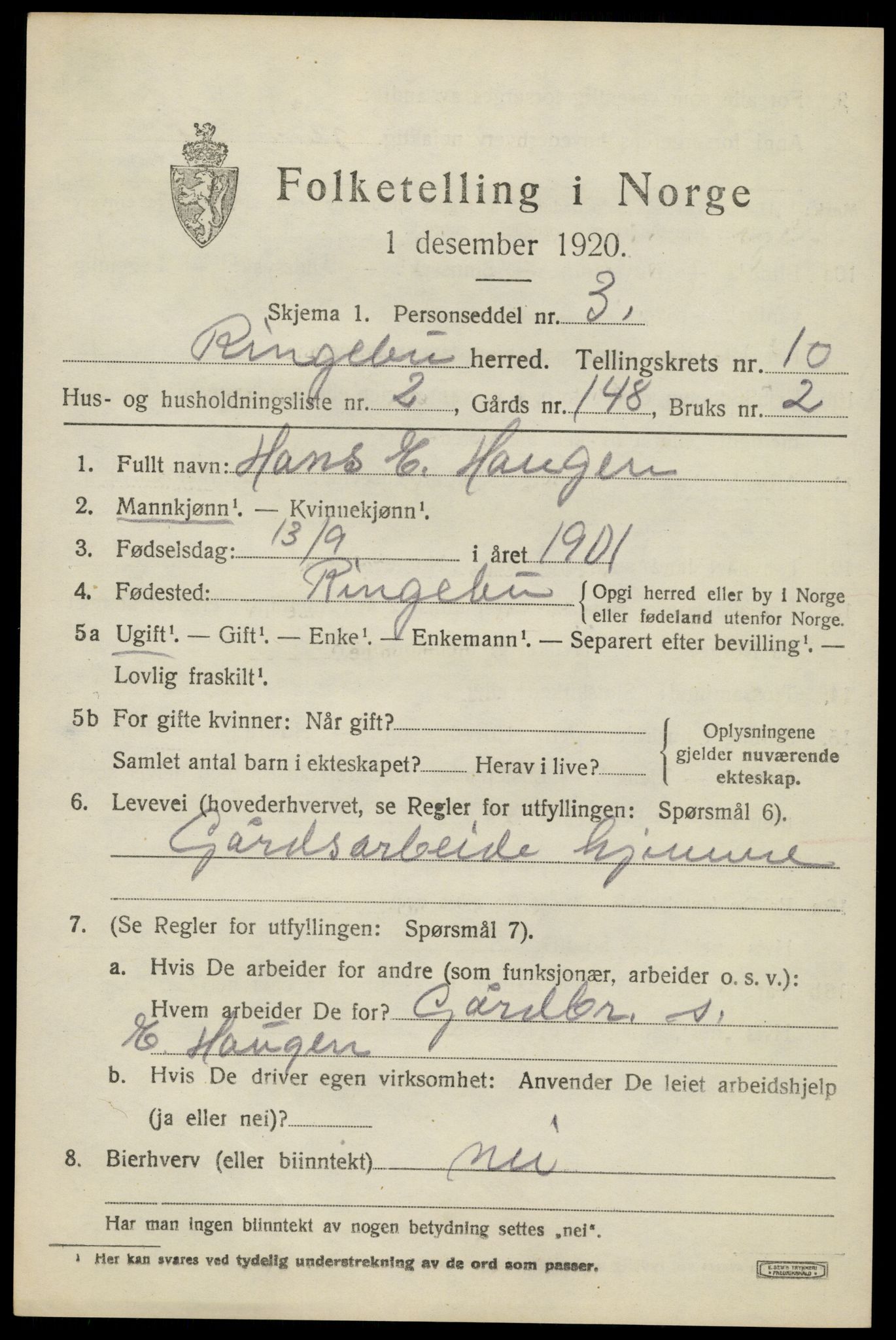 SAH, 1920 census for Ringebu, 1920, p. 9399