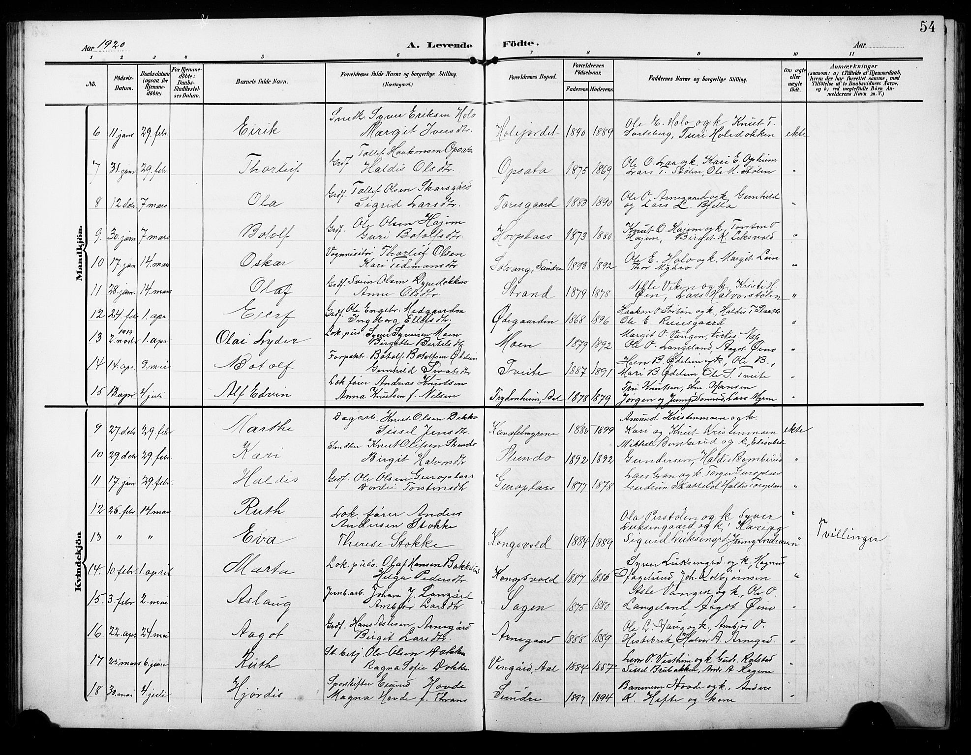 Ål kirkebøker, AV/SAKO-A-249/G/Ga/L0002: Parish register (copy) no. 2, 1904-1928, p. 54