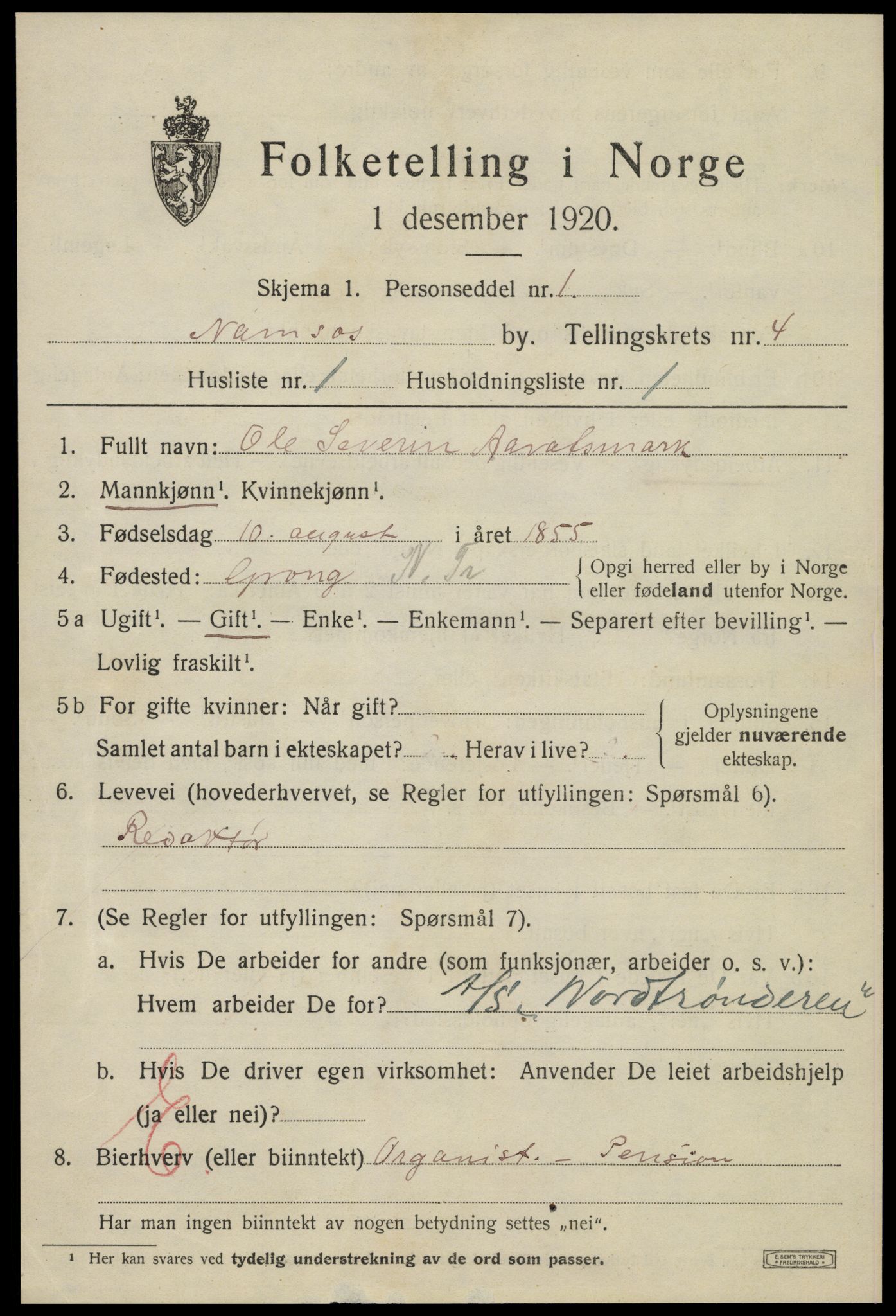 SAT, 1920 census for Namsos, 1920, p. 4839