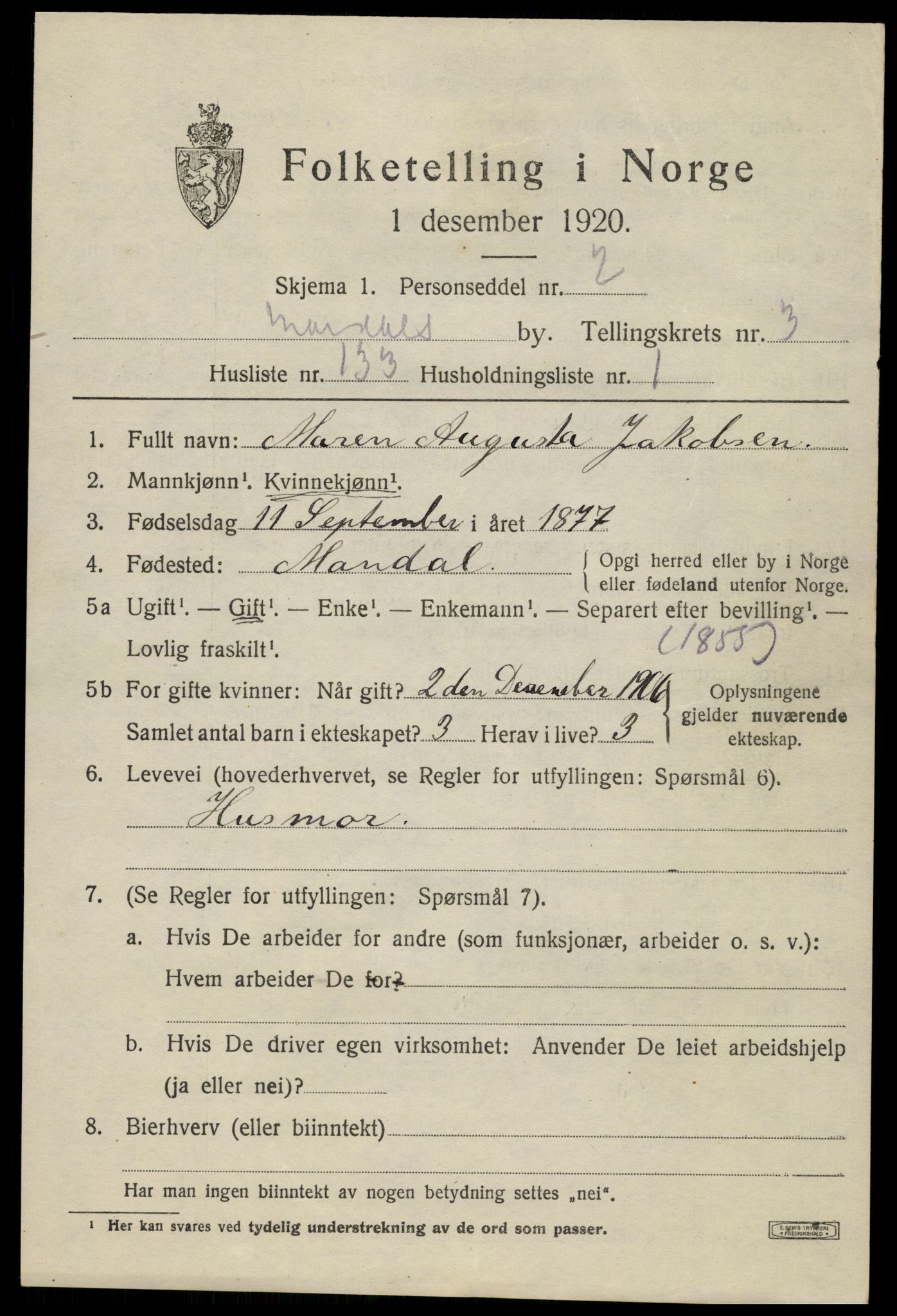 SAK, 1920 census for Mandal, 1920, p. 6991