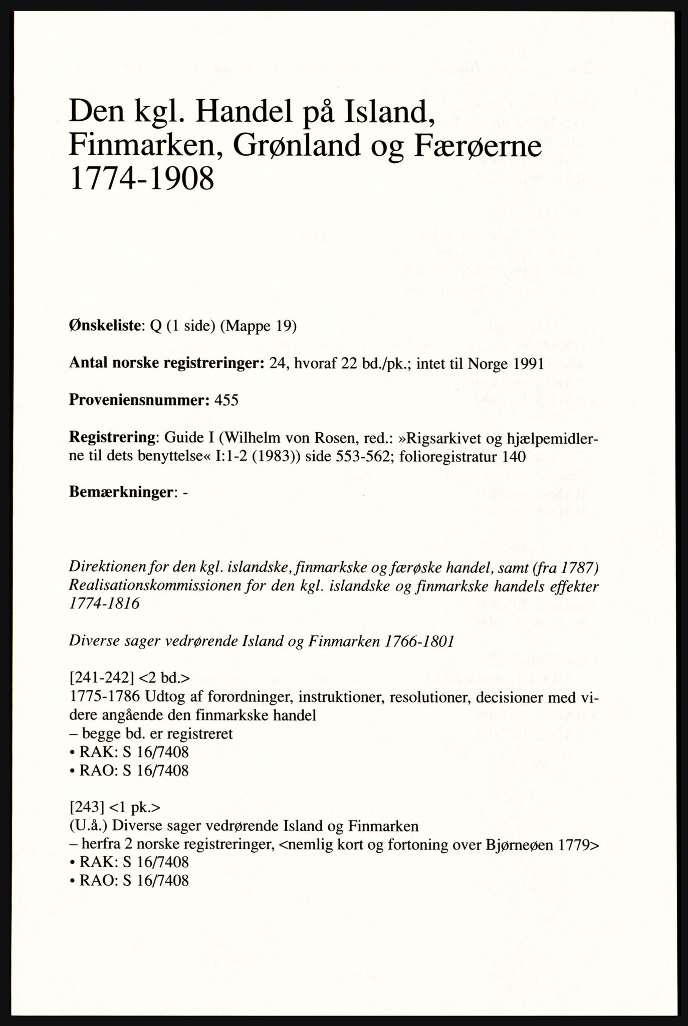 Publikasjoner utgitt av Arkivverket, PUBL/PUBL-001/A/0002: Erik Gøbel: NOREG, Tværregistratur over norgesrelevant materiale i Rigsarkivet i København (2000), 2000, p. 265