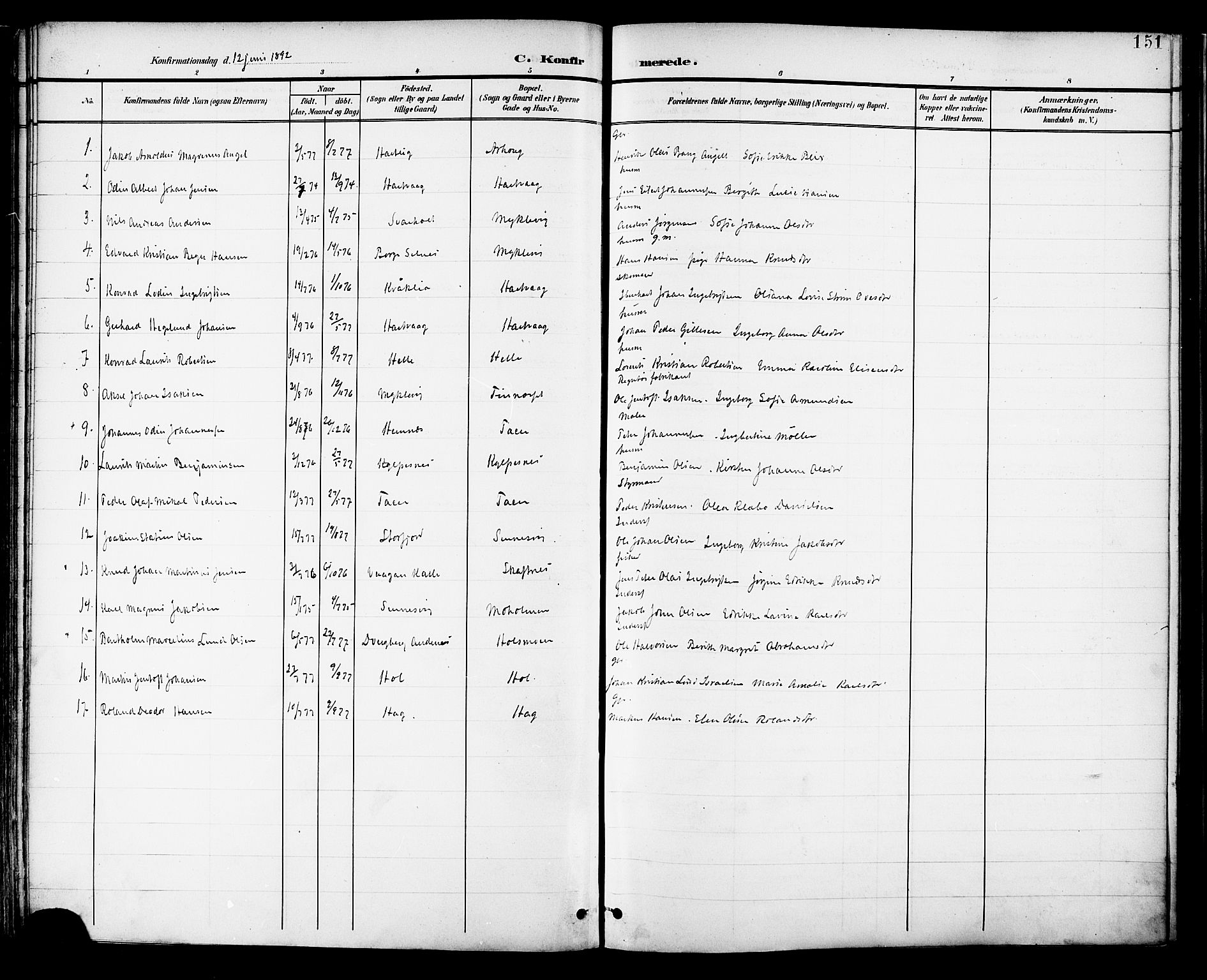 Ministerialprotokoller, klokkerbøker og fødselsregistre - Nordland, AV/SAT-A-1459/882/L1179: Parish register (official) no. 882A01, 1886-1898, p. 151