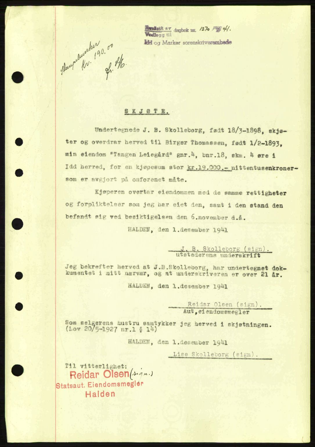 Idd og Marker sorenskriveri, AV/SAO-A-10283/G/Gb/Gbb/L0004: Mortgage book no. A4, 1940-1941, Diary no: : 1270/1941