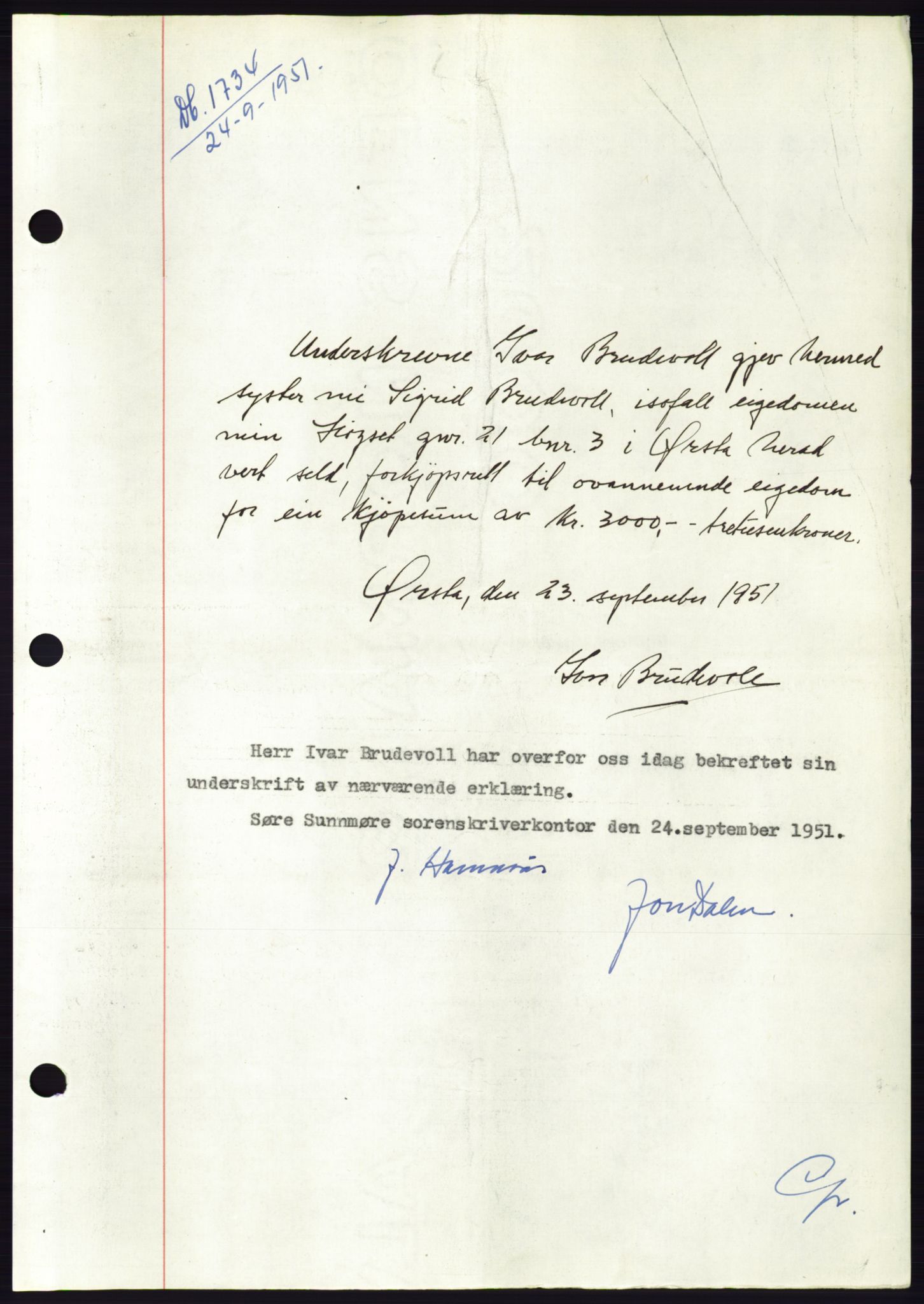 Søre Sunnmøre sorenskriveri, AV/SAT-A-4122/1/2/2C/L0090: Mortgage book no. 16A, 1951-1951, Diary no: : 1734/1951