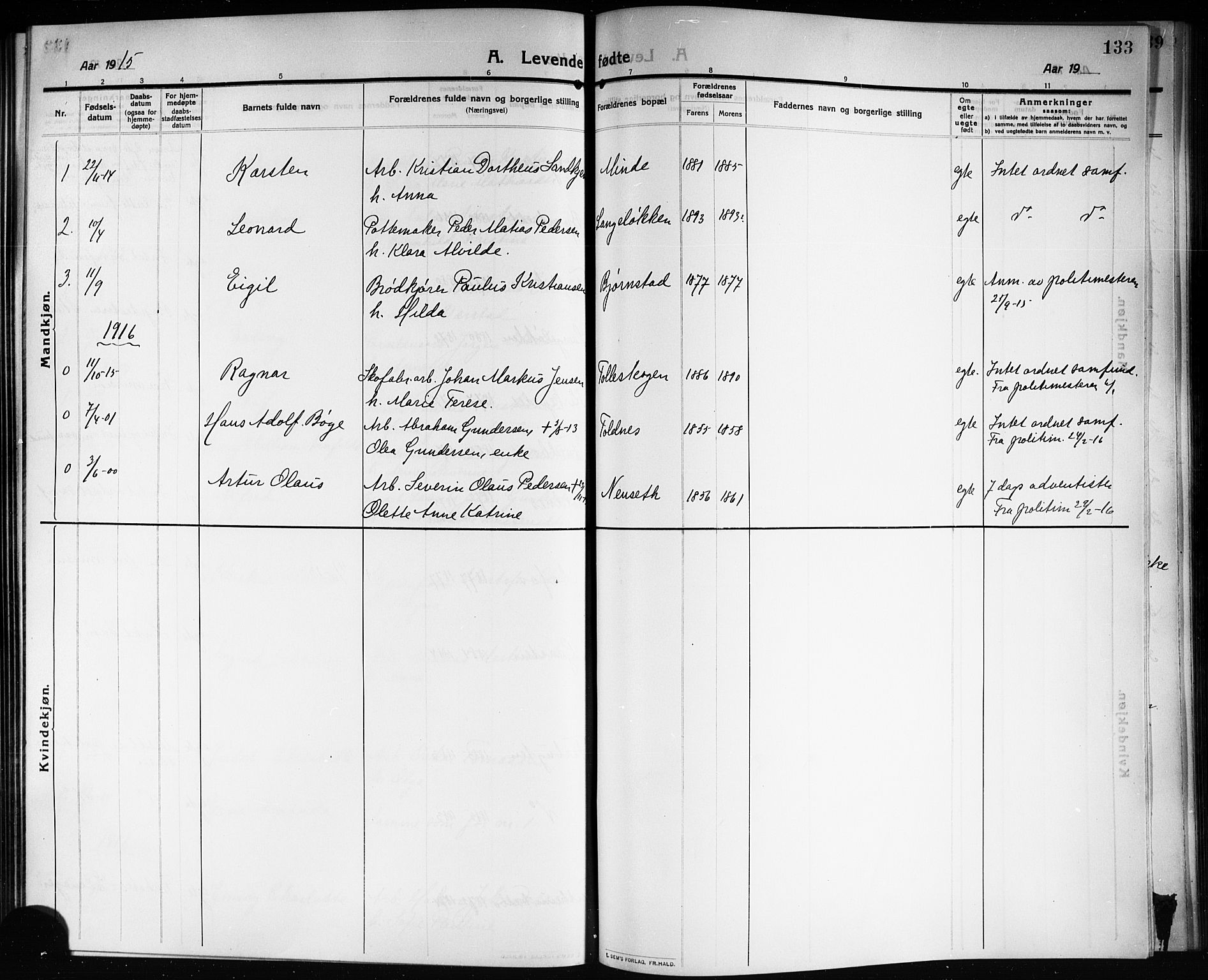 Solum kirkebøker, SAKO/A-306/G/Ga/L0009: Parish register (copy) no. I 9, 1909-1922, p. 133