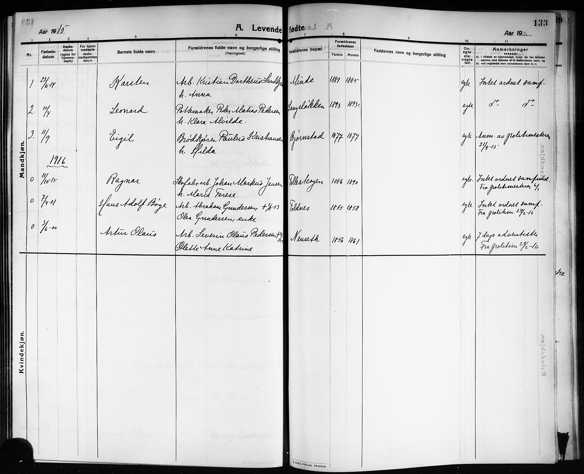 Solum kirkebøker, AV/SAKO-A-306/G/Ga/L0009: Parish register (copy) no. I 9, 1909-1922, p. 133