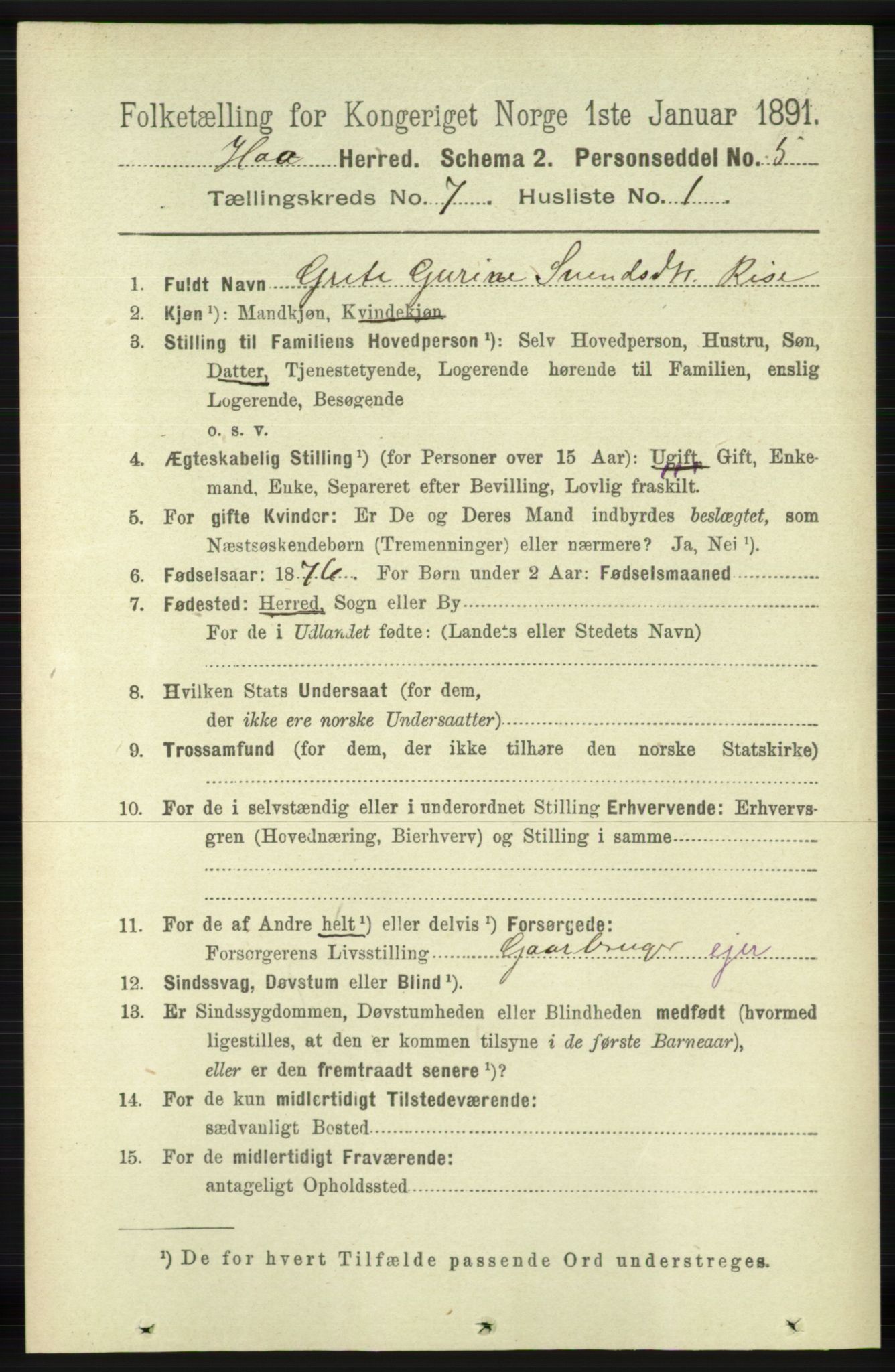 RA, 1891 census for 1119 Hå, 1891, p. 1918