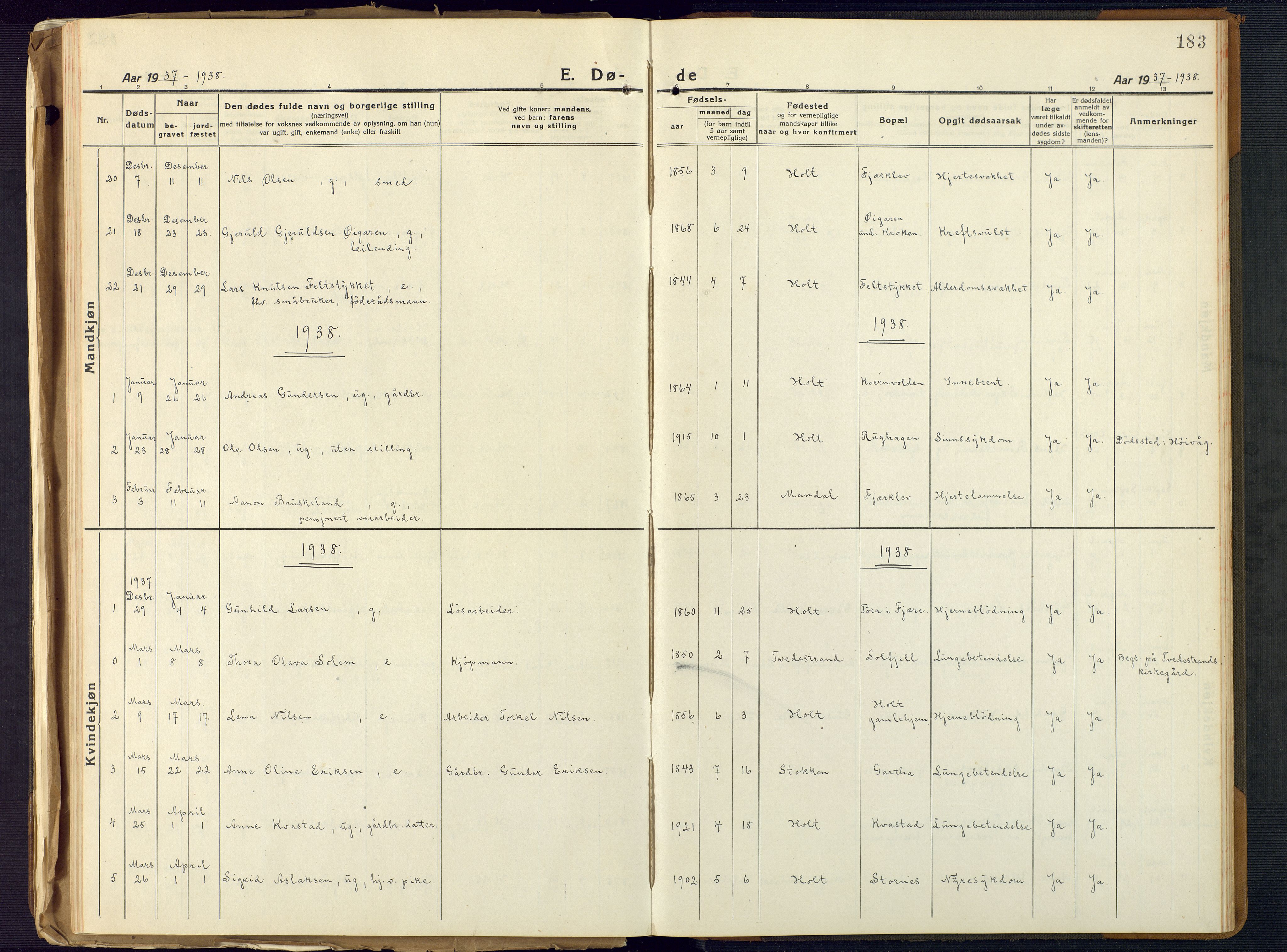 Holt sokneprestkontor, AV/SAK-1111-0021/F/Fb/L0012: Parish register (copy) no. B 12, 1919-1944, p. 183