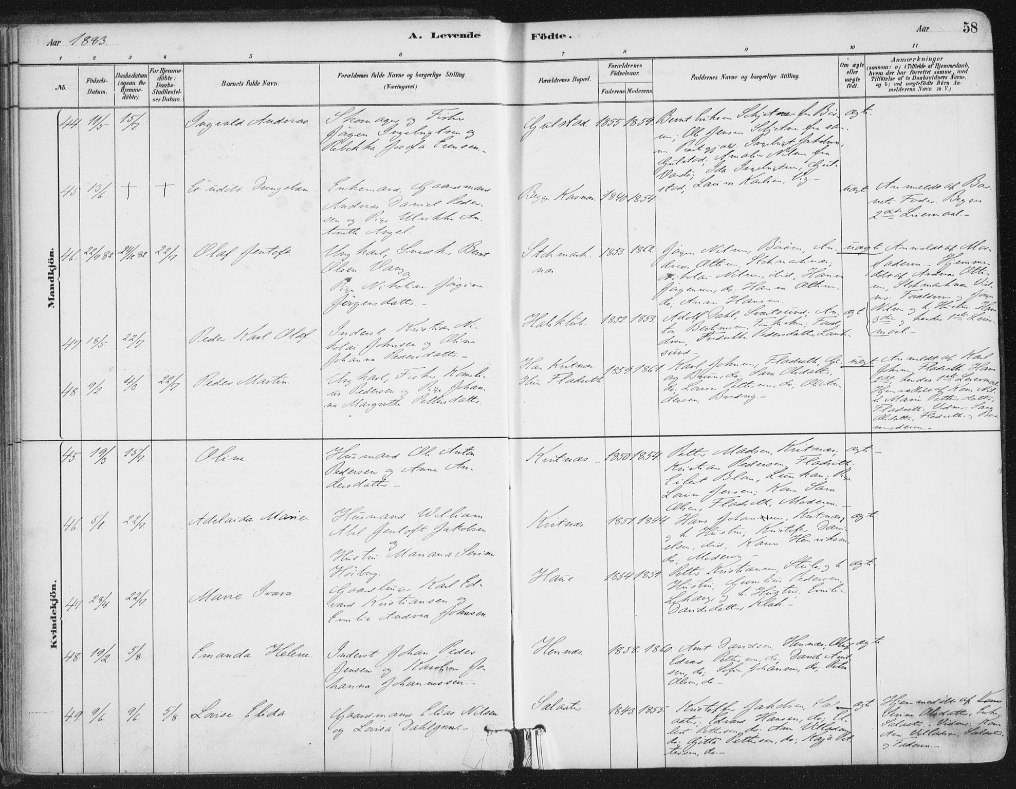 Ministerialprotokoller, klokkerbøker og fødselsregistre - Nordland, SAT/A-1459/888/L1244: Parish register (official) no. 888A10, 1880-1890, p. 58