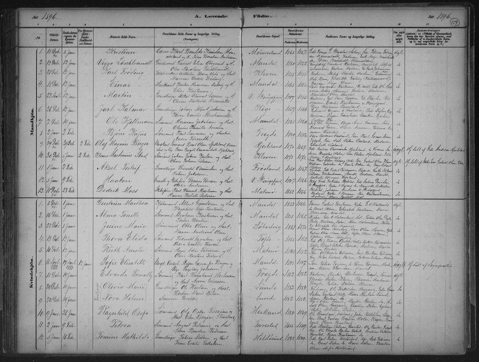 Mandal sokneprestkontor, SAK/1111-0030/F/Fb/Fba/L0011: Parish register (copy) no. B 5, 1880-1898, p. 159