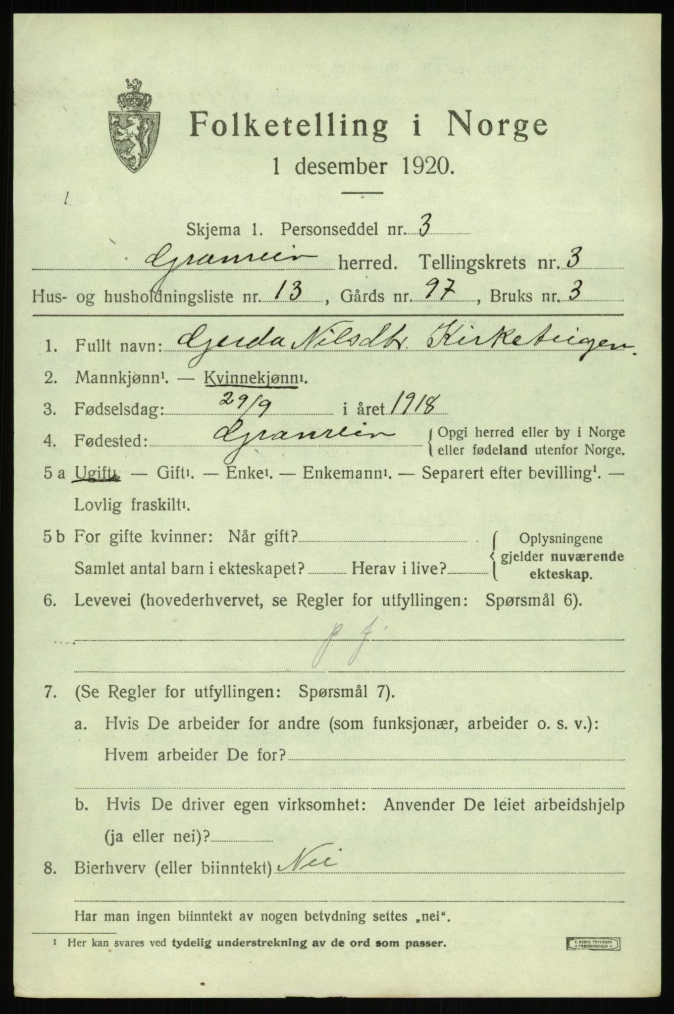 SAB, 1920 census for Granvin, 1920, p. 1290