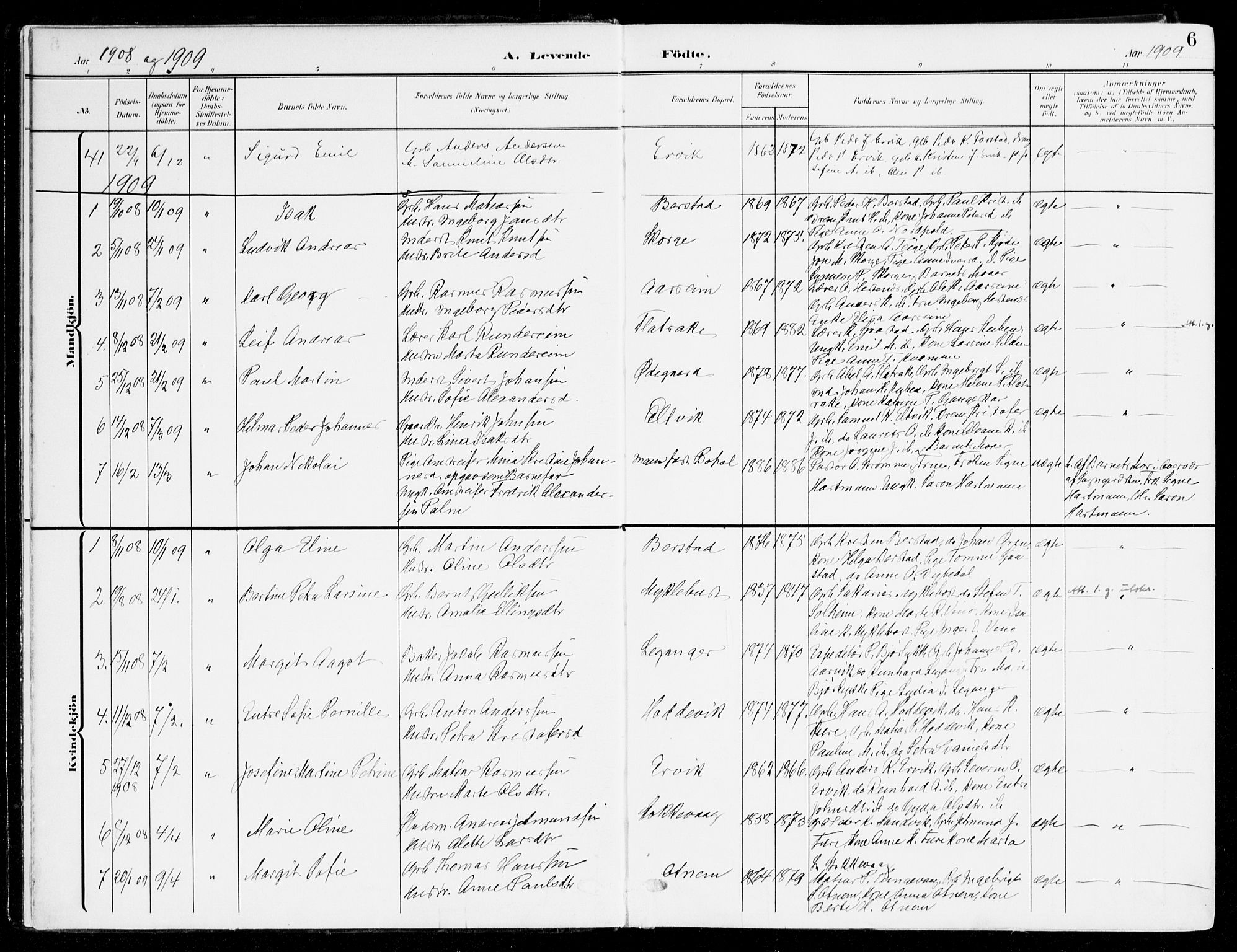 Selje sokneprestembete, SAB/A-99938/H/Ha/Haa/Haab: Parish register (official) no. B 3, 1908-1923, p. 6