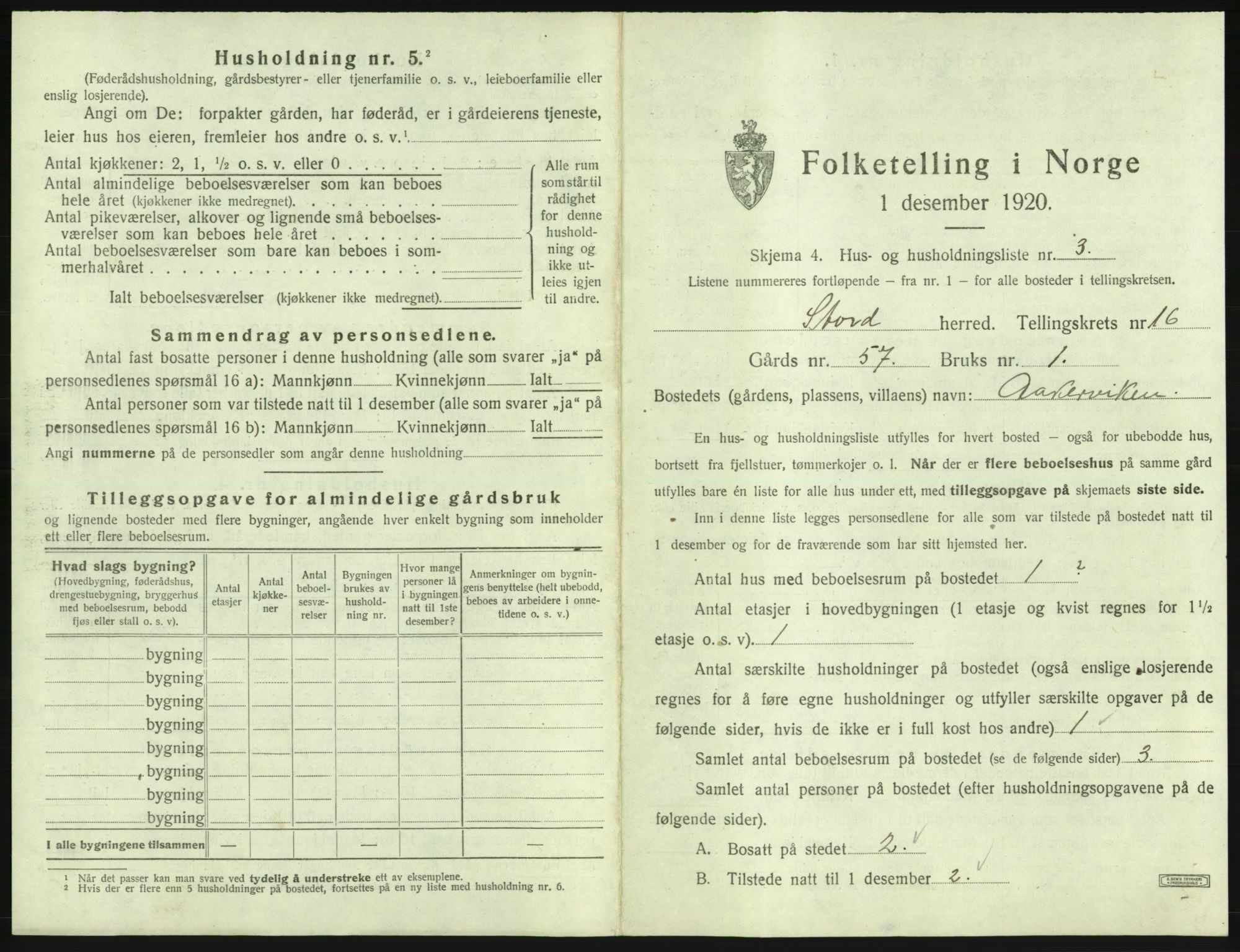 SAB, 1920 census for Stord, 1920, p. 1116