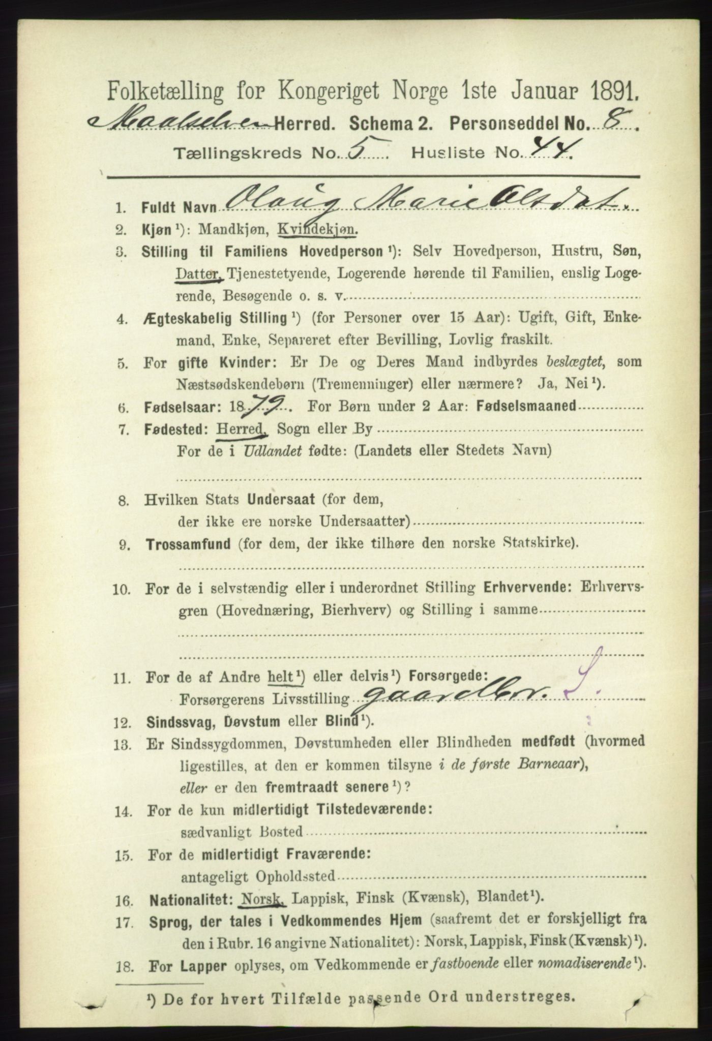 RA, 1891 census for 1924 Målselv, 1891, p. 1923