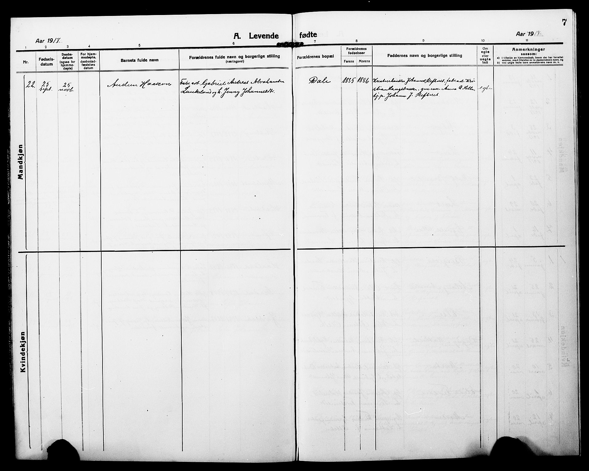 Fjaler sokneprestembete, SAB/A-79801/H/Hab/Habc/L0004: Parish register (copy) no. C 4, 1914-1927, p. 7