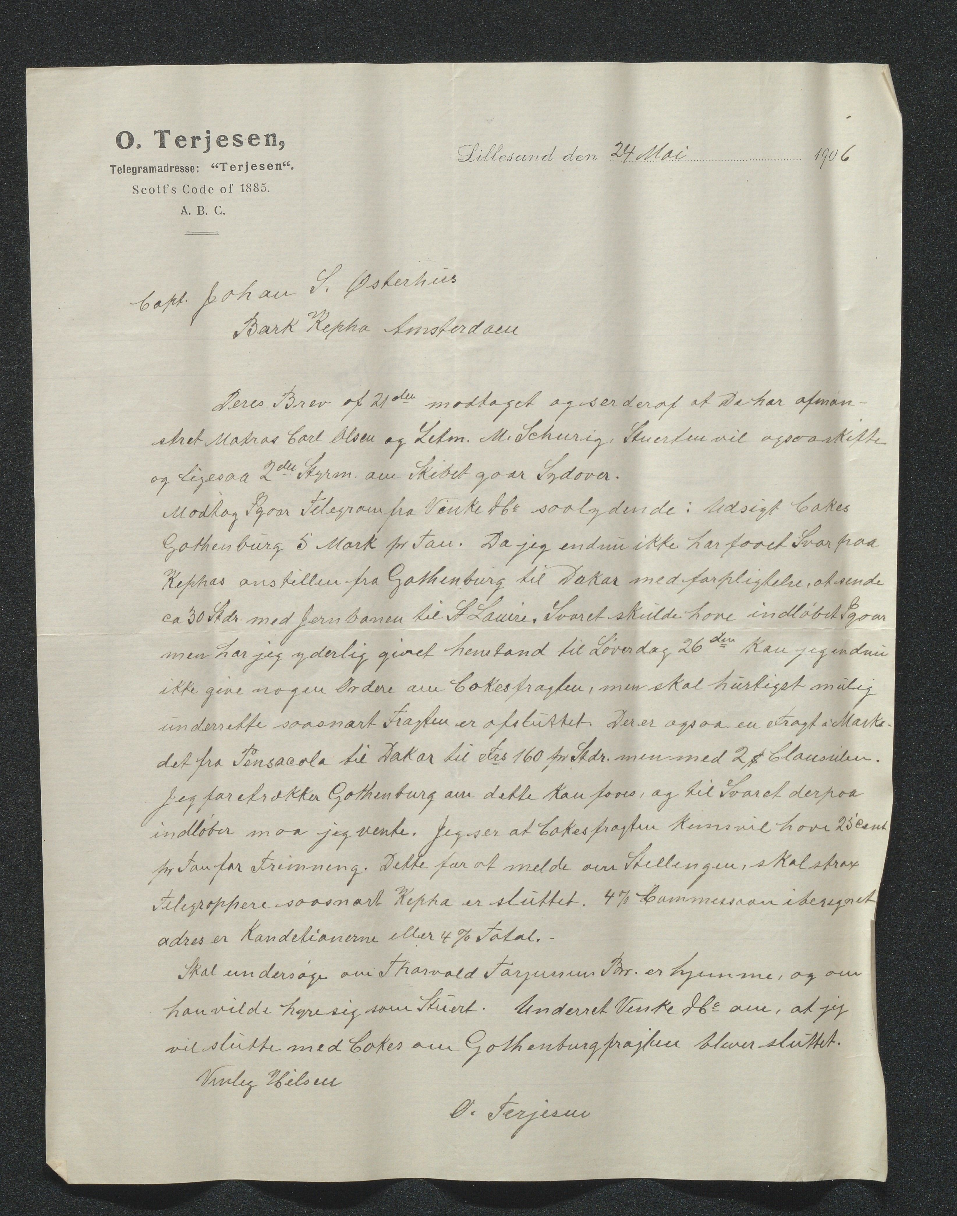 O. Terjesens rederi, AAKS/PA-2525/E/E01/L0014: Korrespondanse, 1905