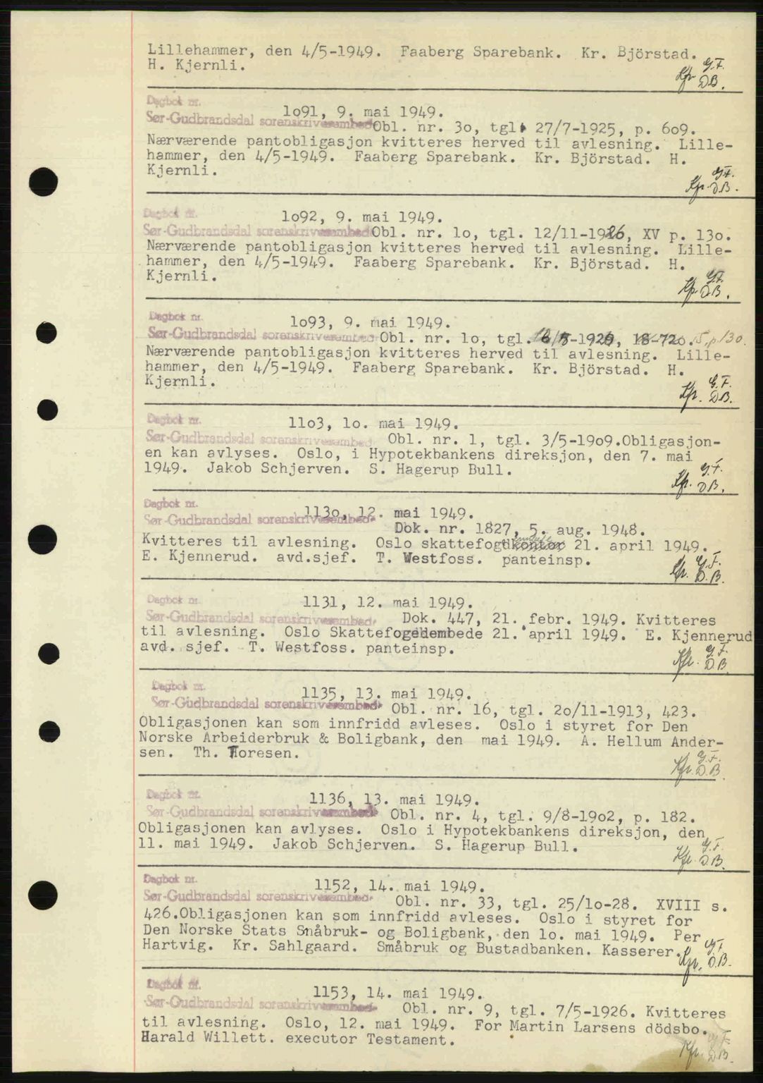 Sør-Gudbrandsdal tingrett, SAH/TING-004/H/Hb/Hbf/L0002: Mortgage book no. C1, 1938-1951, Diary no: : 1091/1949