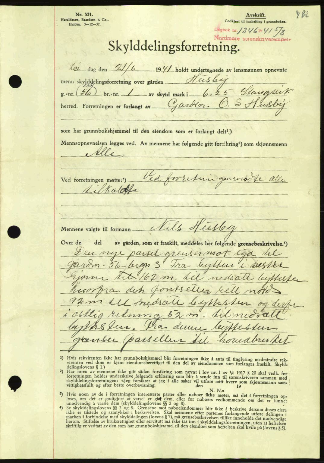 Nordmøre sorenskriveri, SAT/A-4132/1/2/2Ca: Mortgage book no. A90, 1941-1941, Diary no: : 1346/1941