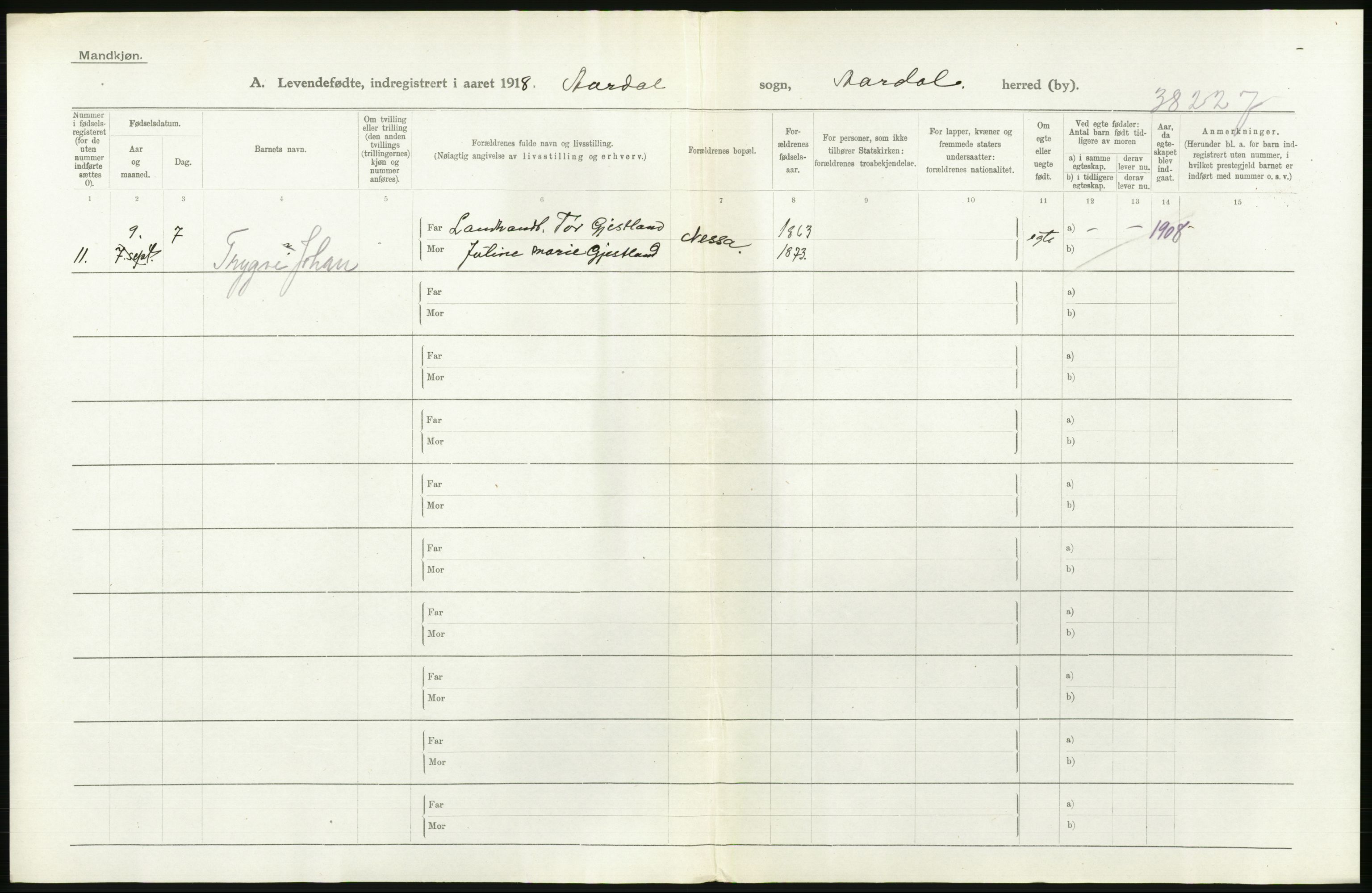 Statistisk sentralbyrå, Sosiodemografiske emner, Befolkning, RA/S-2228/D/Df/Dfb/Dfbh/L0031: Rogaland fylke: Levendefødte menn og kvinner. Bygder., 1918