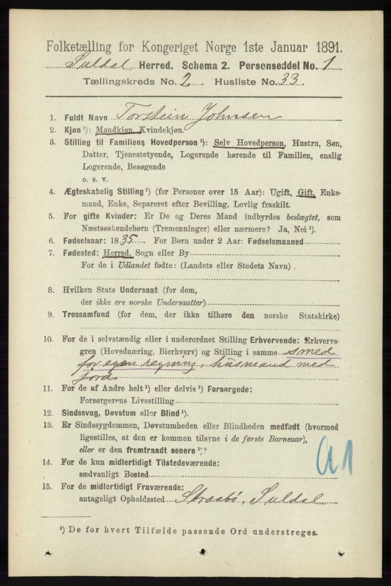 RA, 1891 census for 1134 Suldal, 1891, p. 426