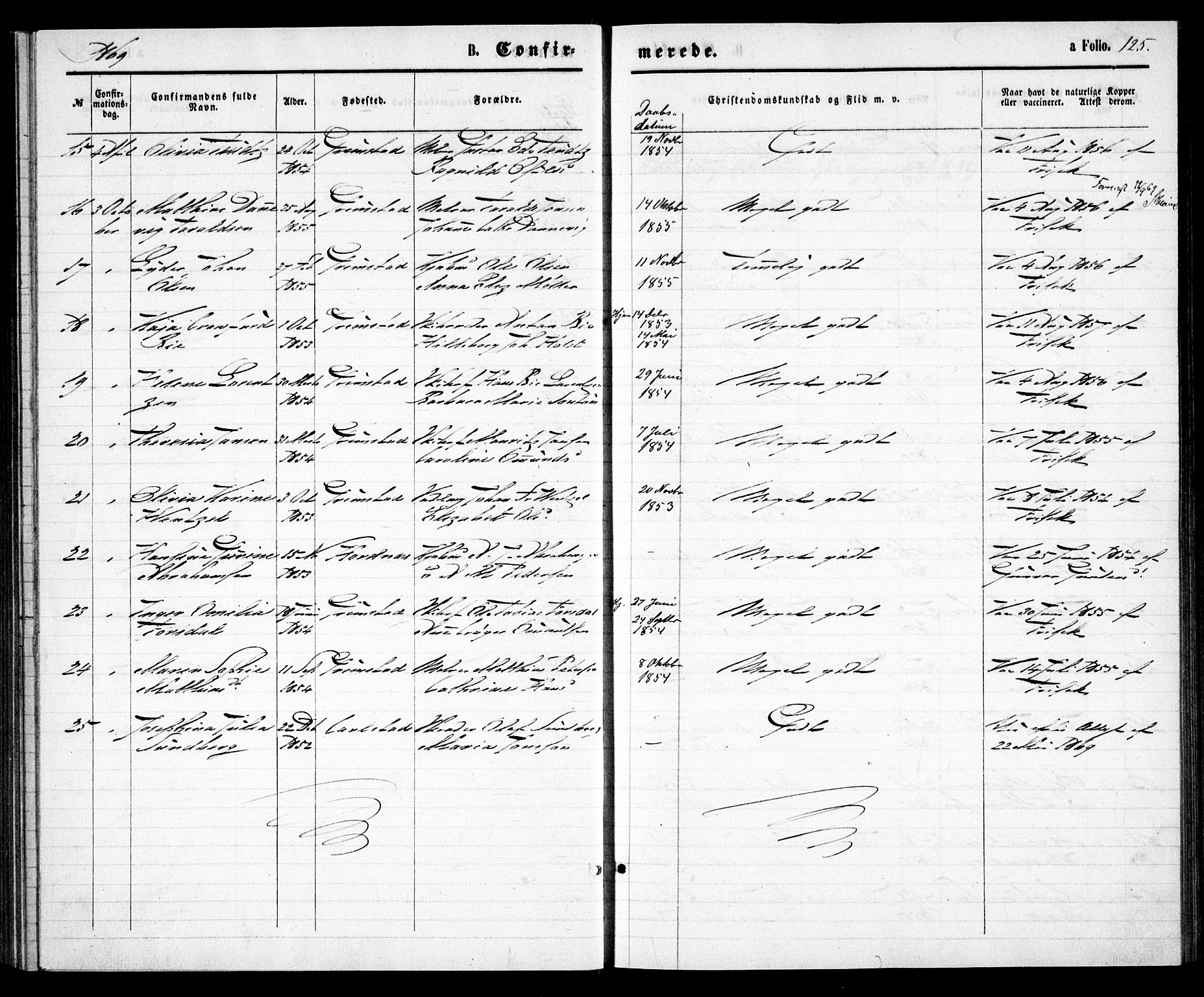 Grimstad sokneprestkontor, SAK/1111-0017/F/Fa/L0002: Parish register (official) no. A 1, 1869-1881, p. 125
