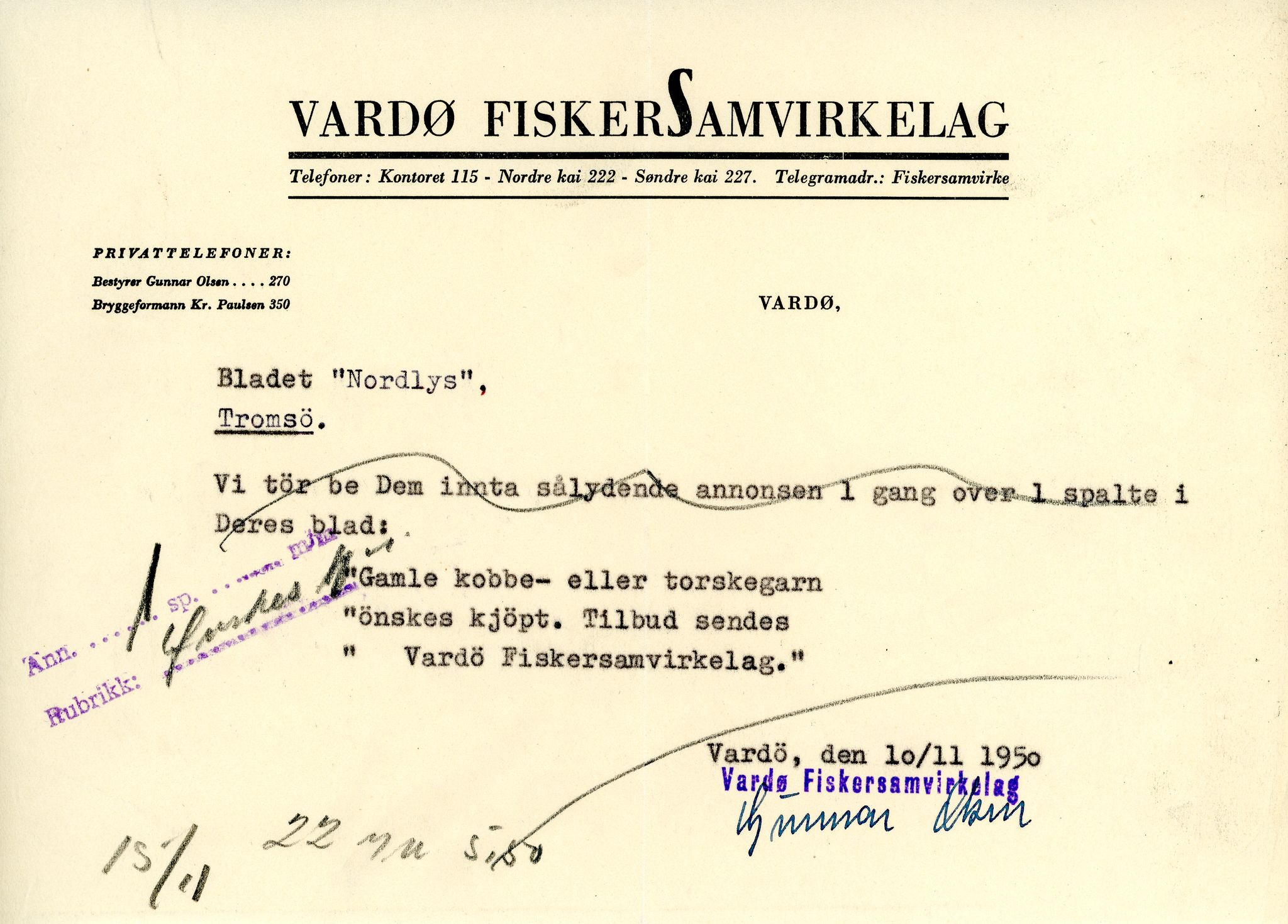 Vardø Fiskersamvirkelag, VAMU/A-0037/D/Da/L0001: Korrespondanse Ab-Eg, 1946-1950