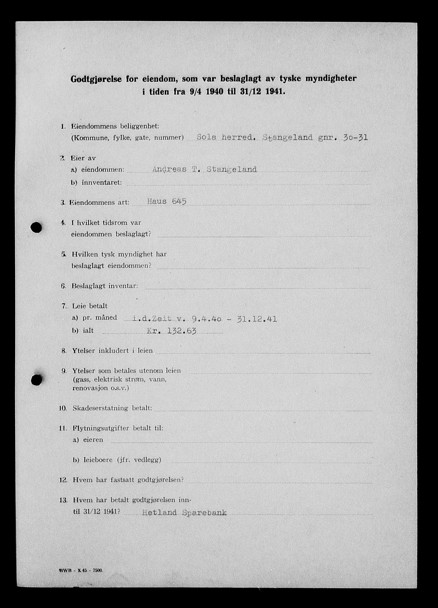 Justisdepartementet, Tilbakeføringskontoret for inndratte formuer, AV/RA-S-1564/I/L1015: Godtgjørelse for beslaglagt eiendom, 1940-1941, p. 272