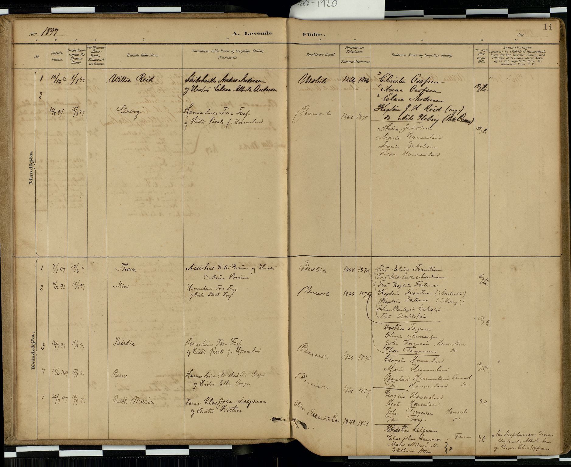 Den norske sjømannsmisjon i utlandet / Quebec (Canada) samt Pensacola--Savannah-Mobile-New Orleans-Gulfport (Gulfhamnene i USA), SAB/SAB/PA-0114/H/Ha/L0001: Parish register (official) no. A 1, 1887-1924, p. 13b-14a