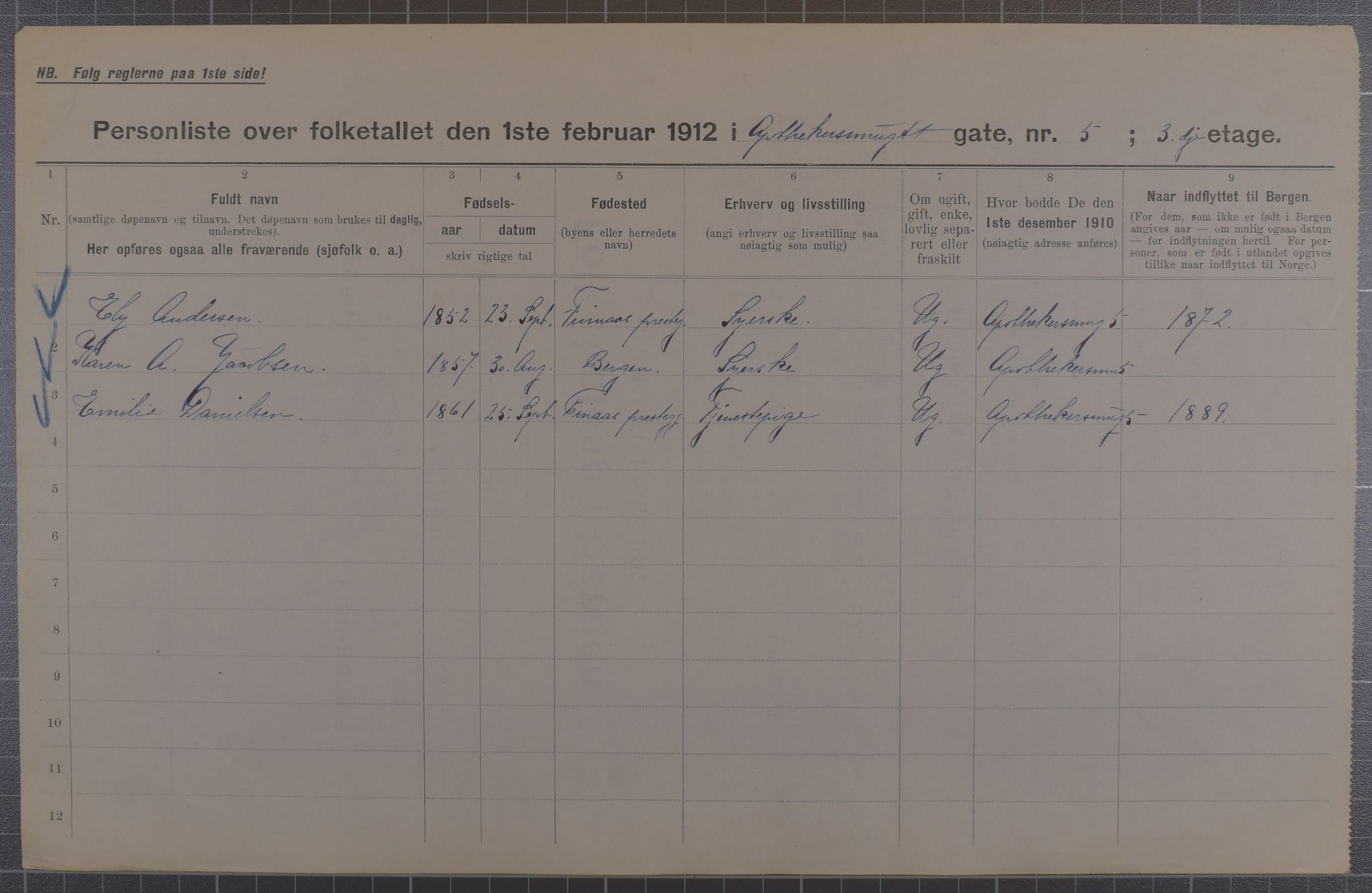 SAB, Municipal Census 1912 for Bergen, 1912, p. 1485